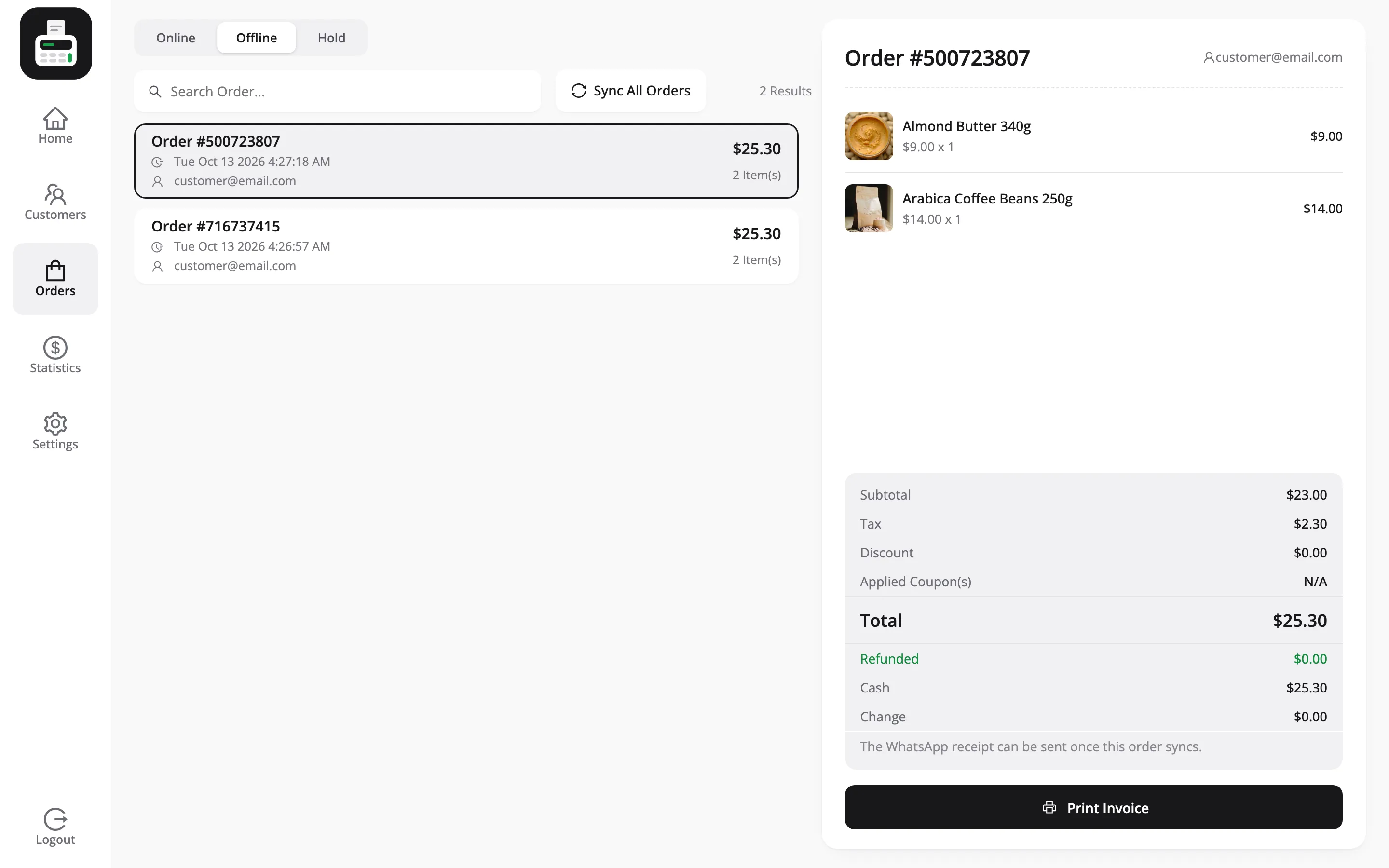 The Offline tab of the POS orders screen with a queued order and the Sync All Orders button