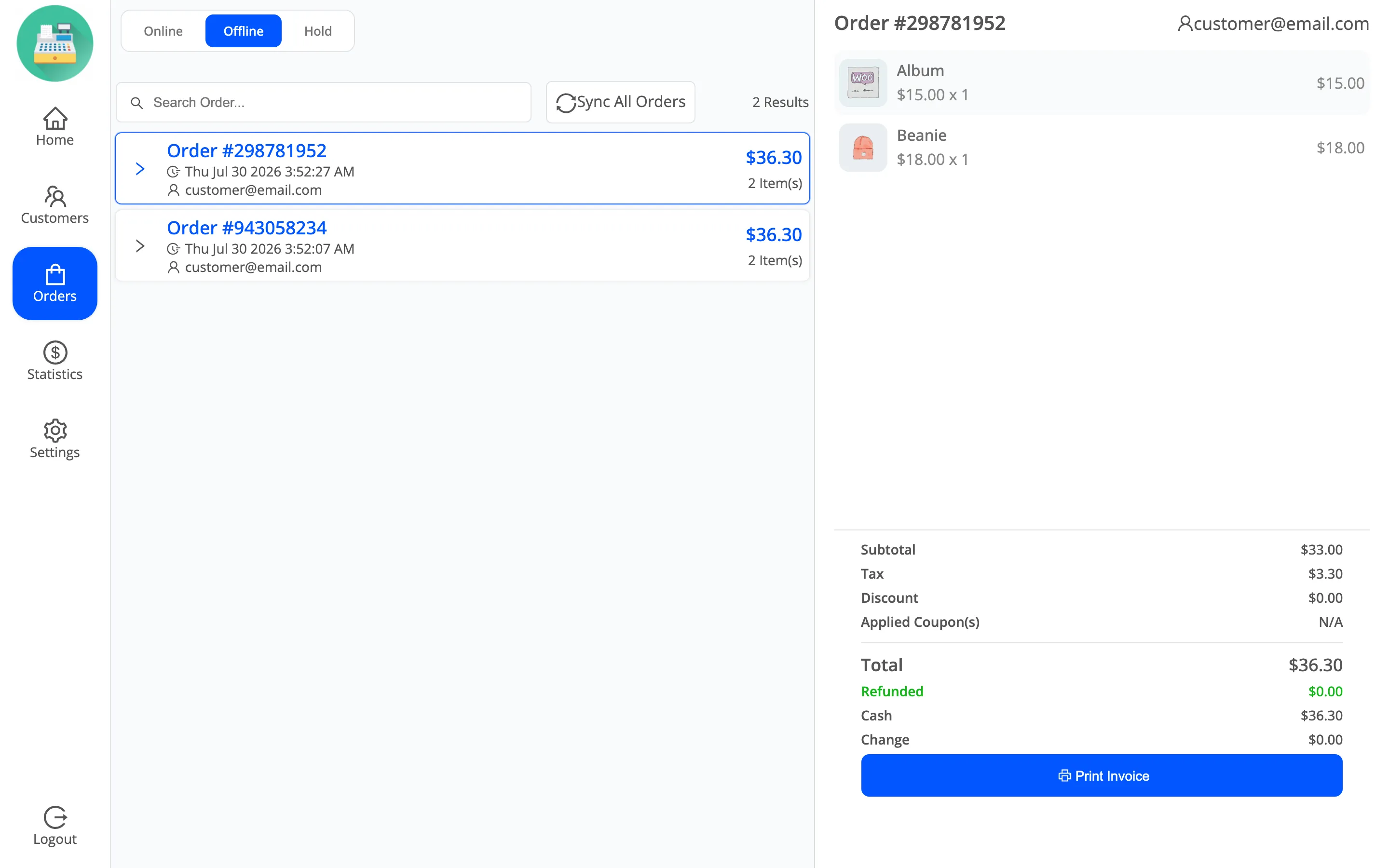 The Offline tab of the POS orders screen with a queued order and the Sync All Orders button