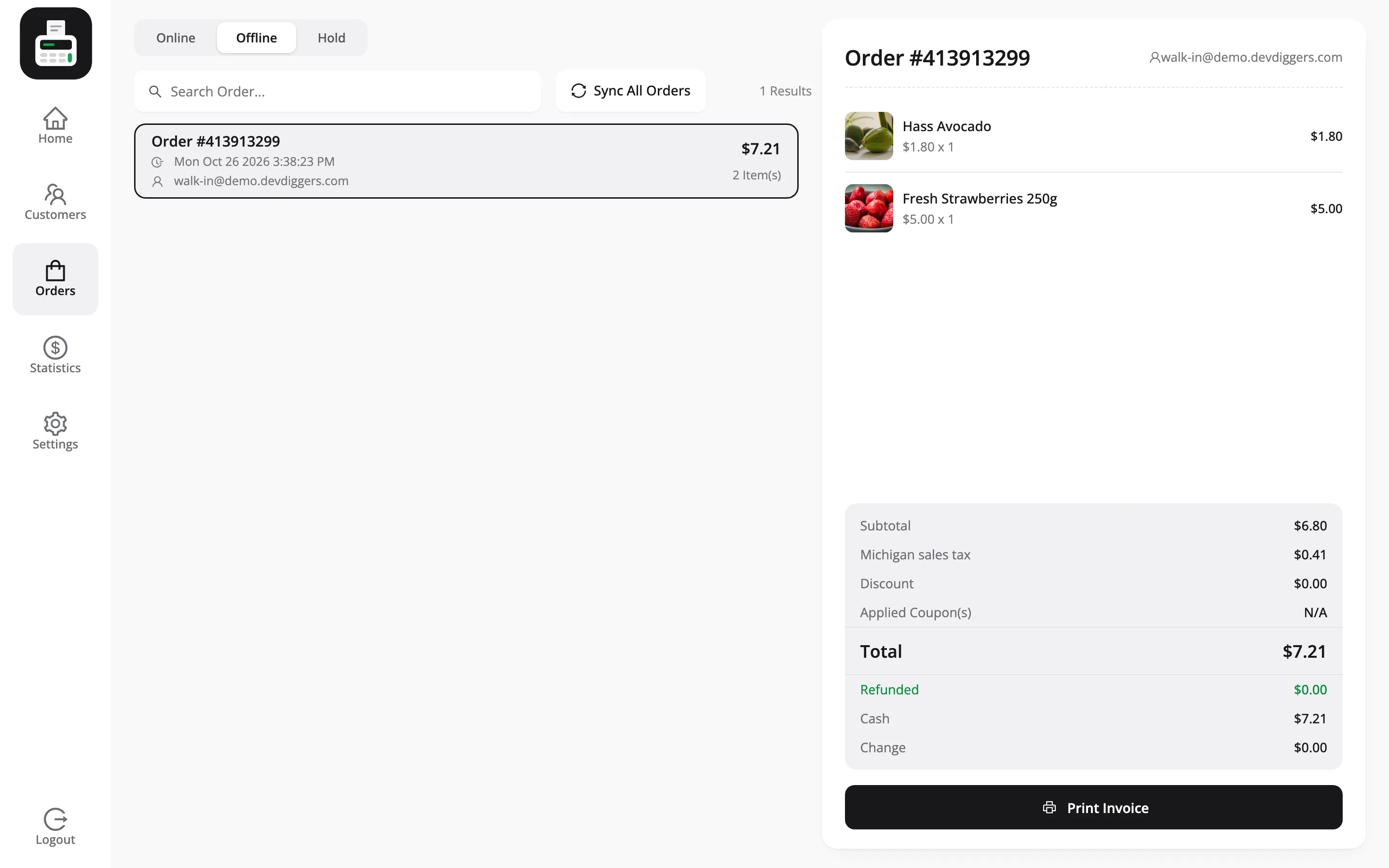 The Offline tab of the POS orders screen with a queued order and the Sync All Orders button