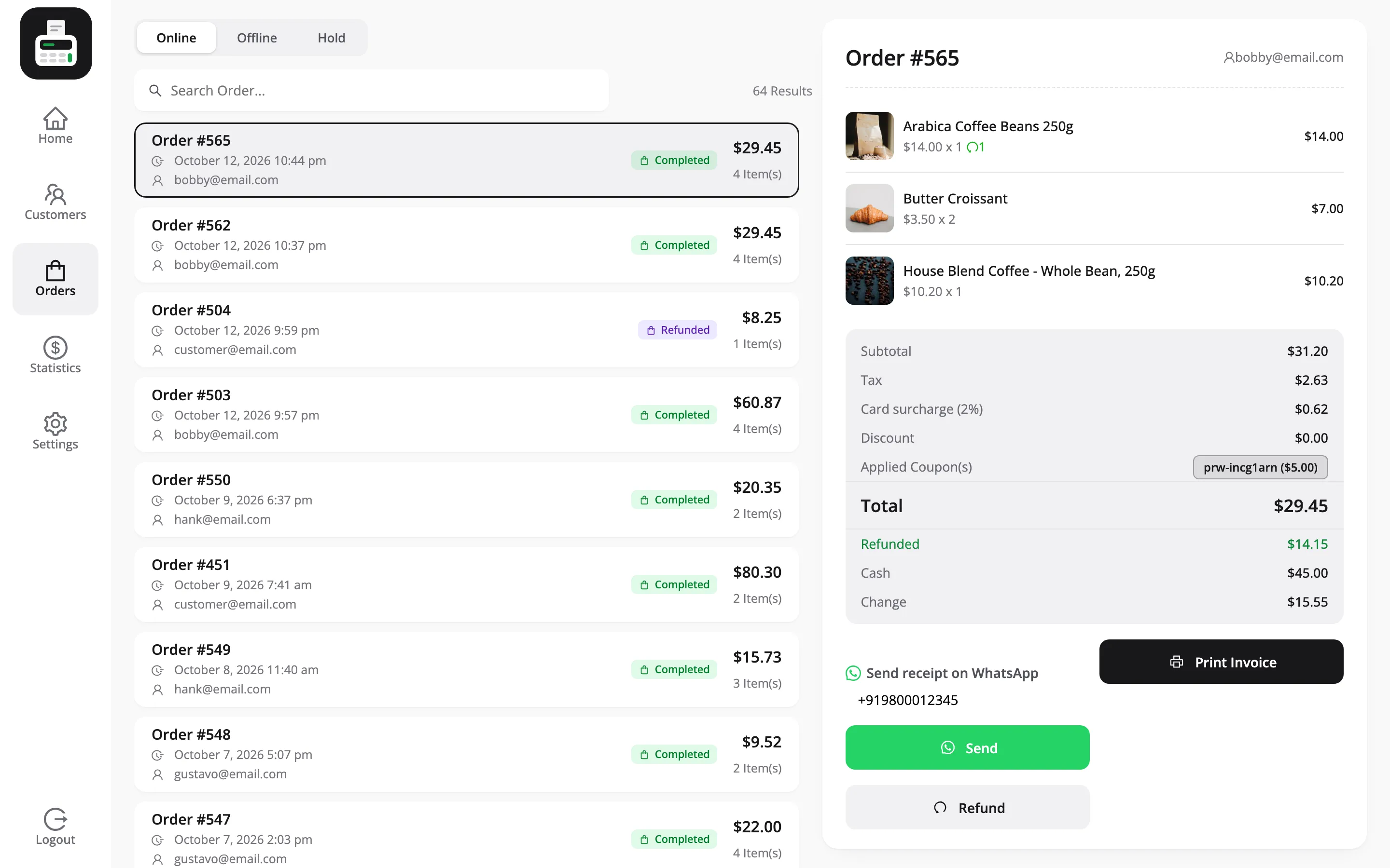 The POS orders list with the order details panel beside it