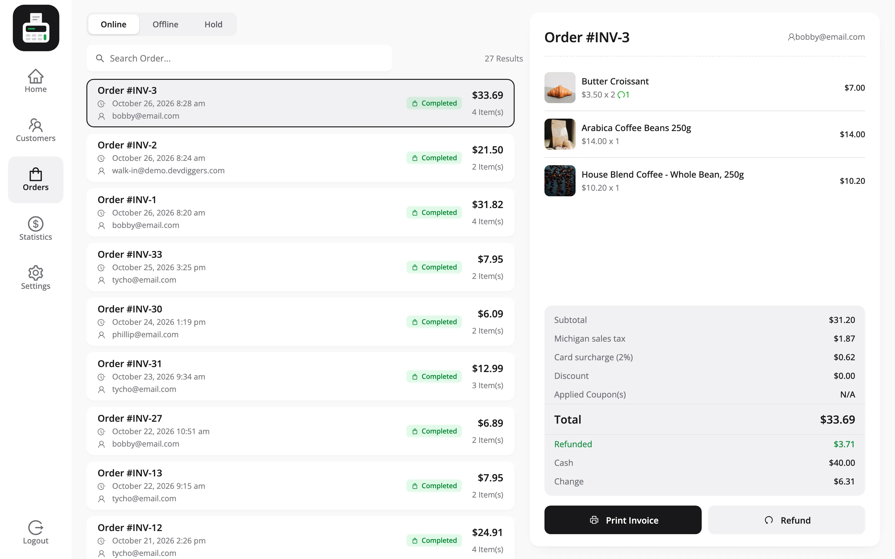 The POS orders list with the order details panel beside it