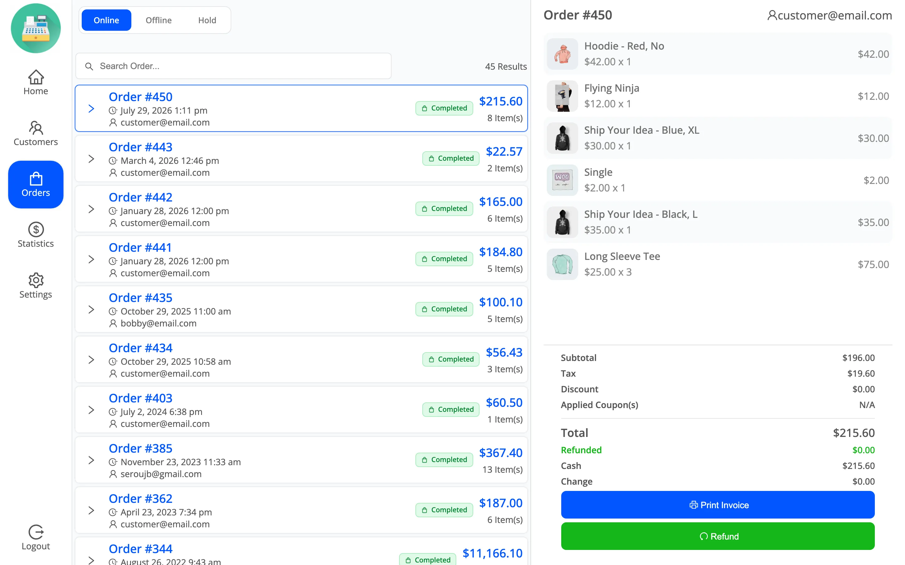 The MultiPOS orders list with order, status, revenue and staff attribution columns