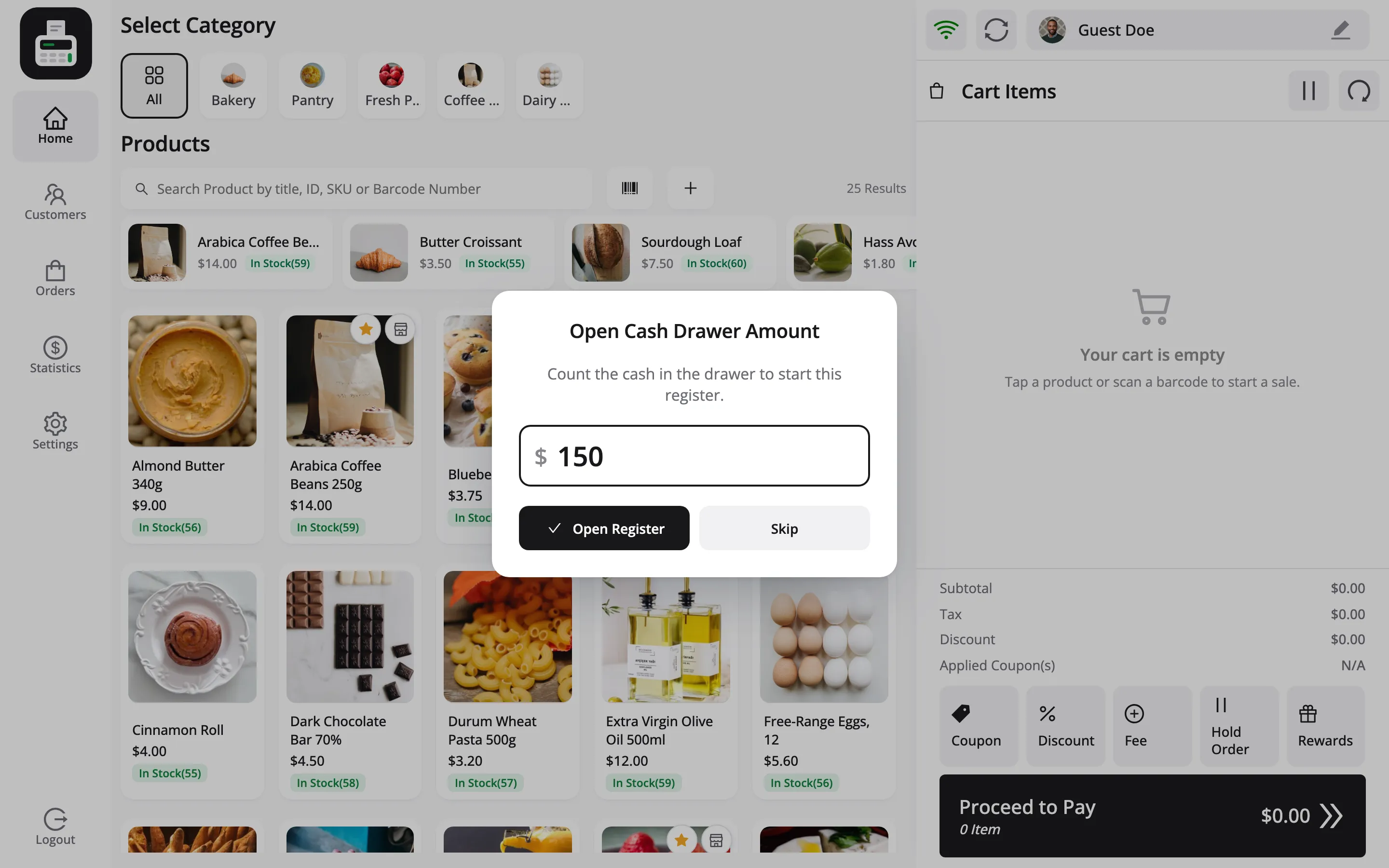 The Open Cash Drawer Amount popup with $150 typed in and the Open Register button