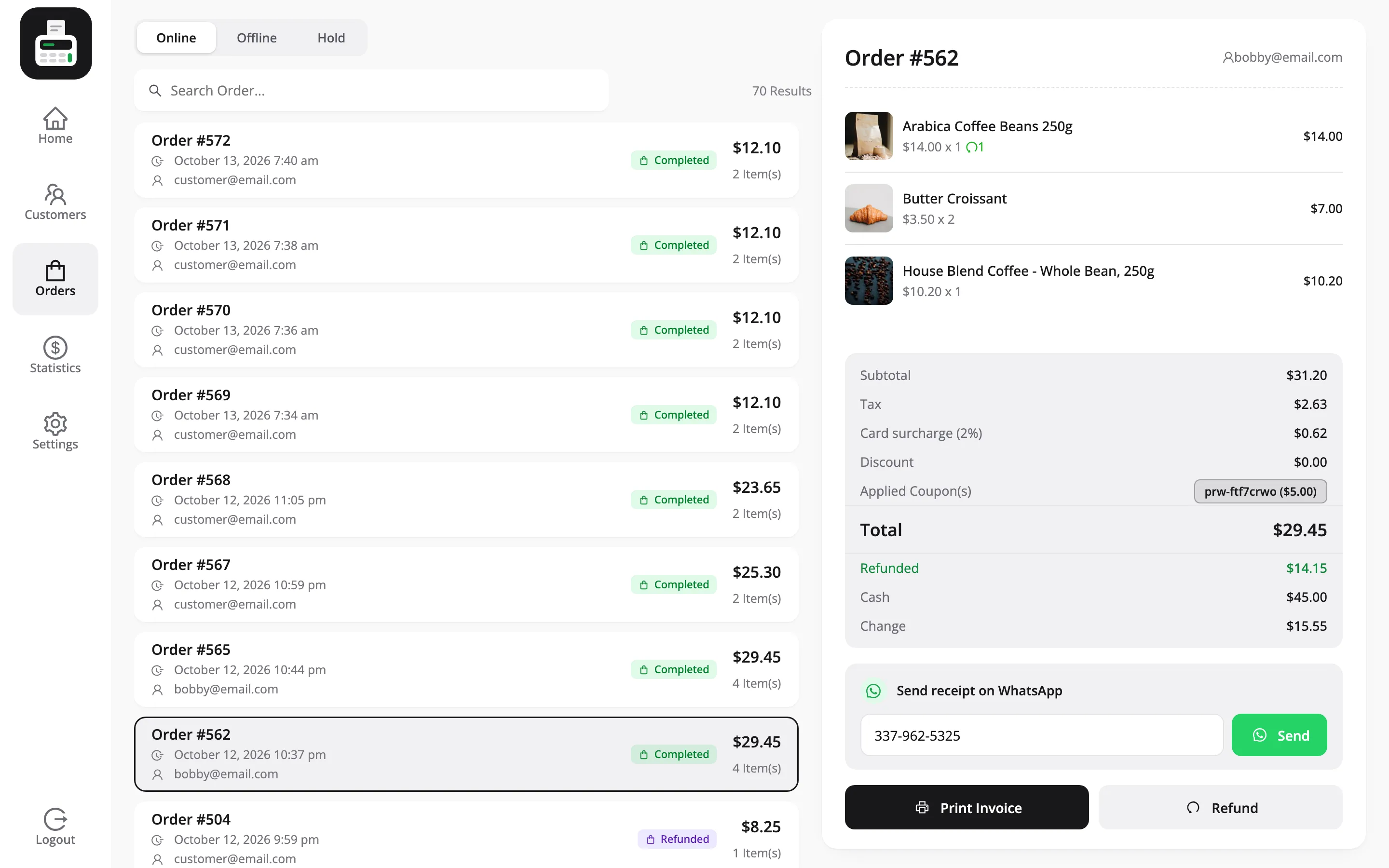 The POS Orders tab with order #562 open and the Send receipt on WhatsApp card above Print Invoice and Refund