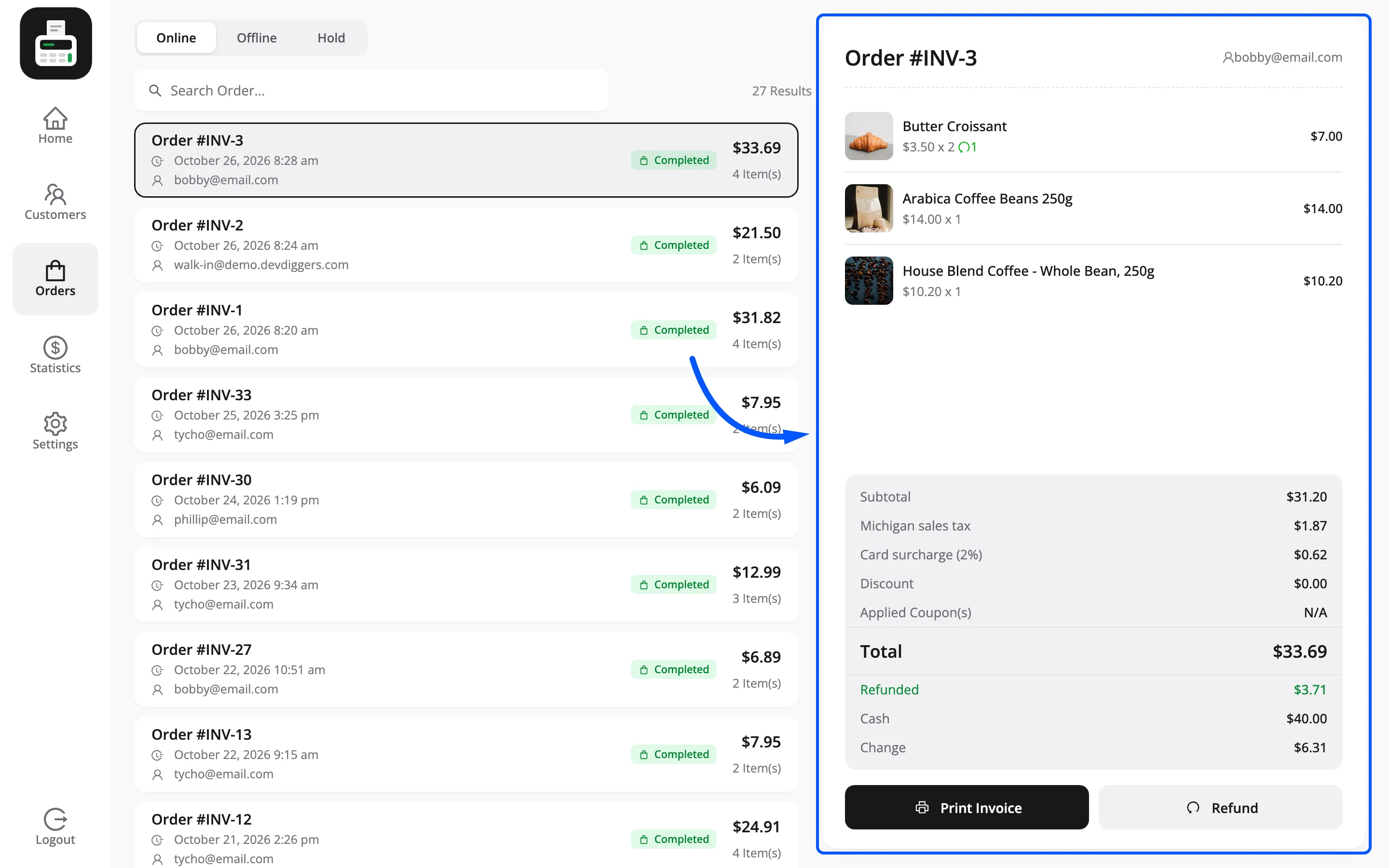 The POS Orders tab with an order selected and its items, totals and buttons on the right