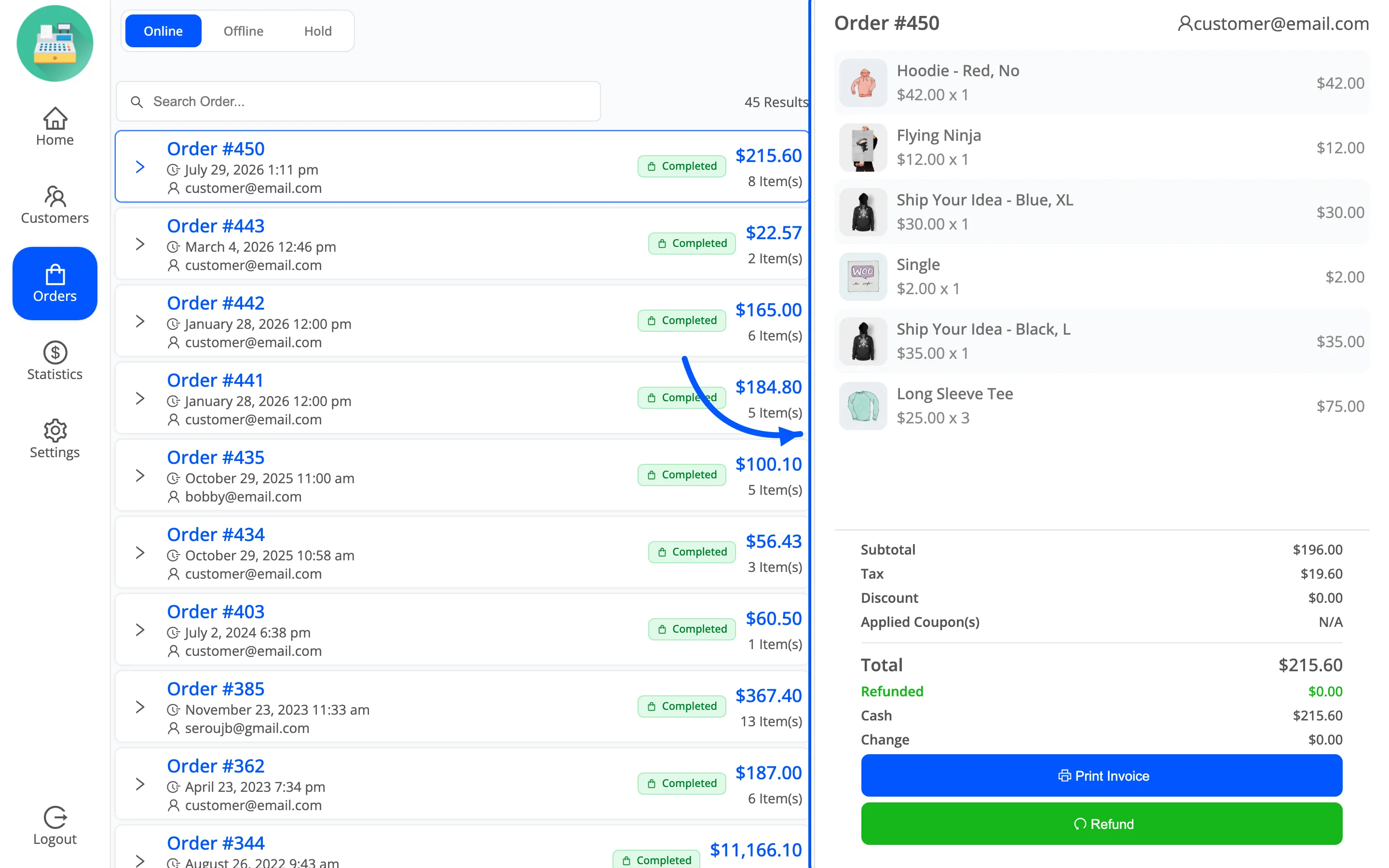 The order details panel in the POS showing totals and change