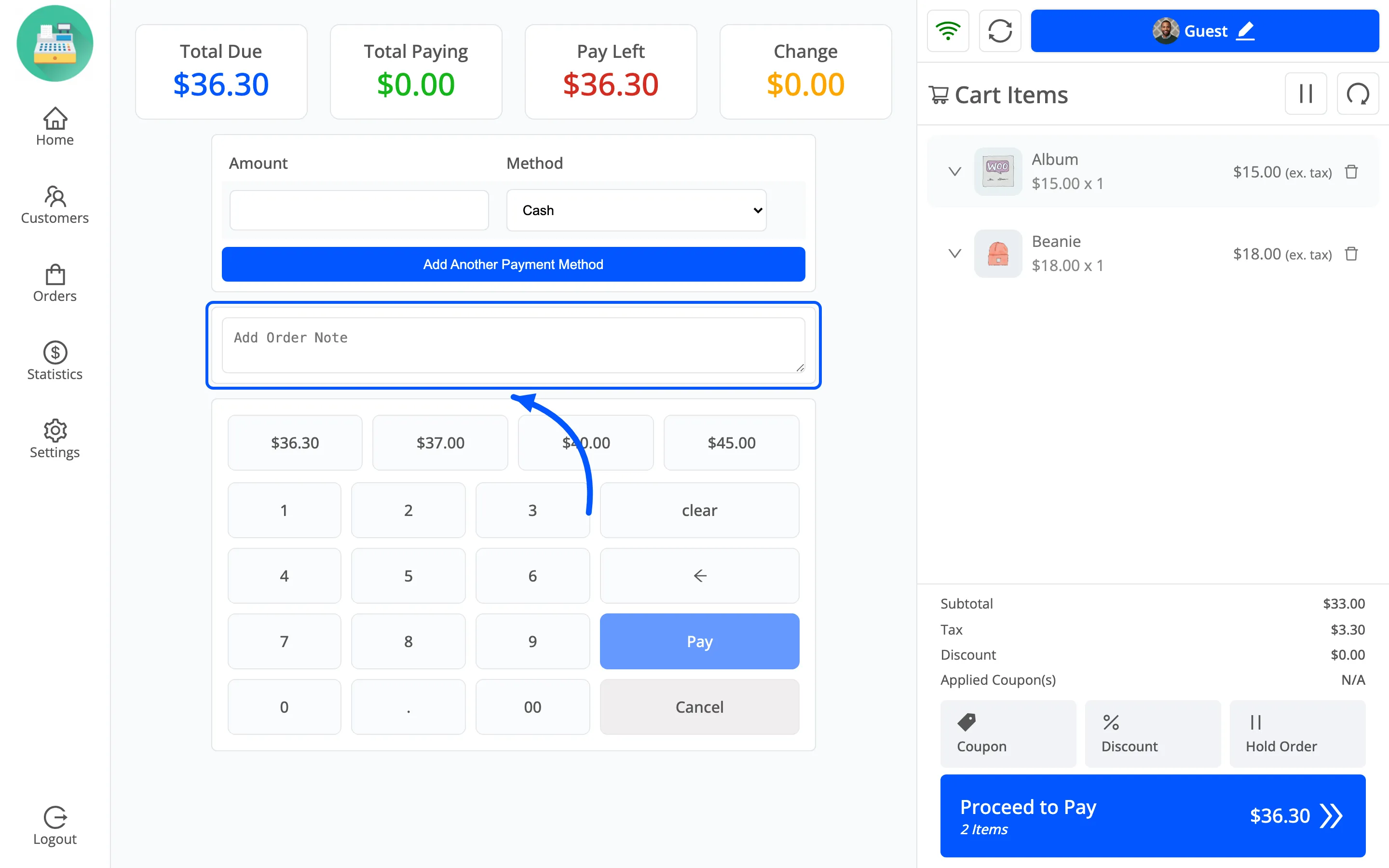 The order note field on the POS payment screen