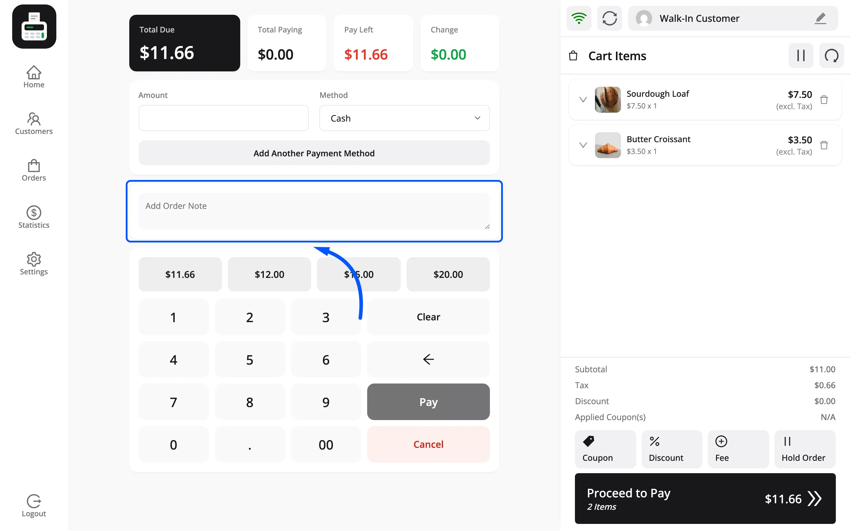 The order note field on the POS payment screen
