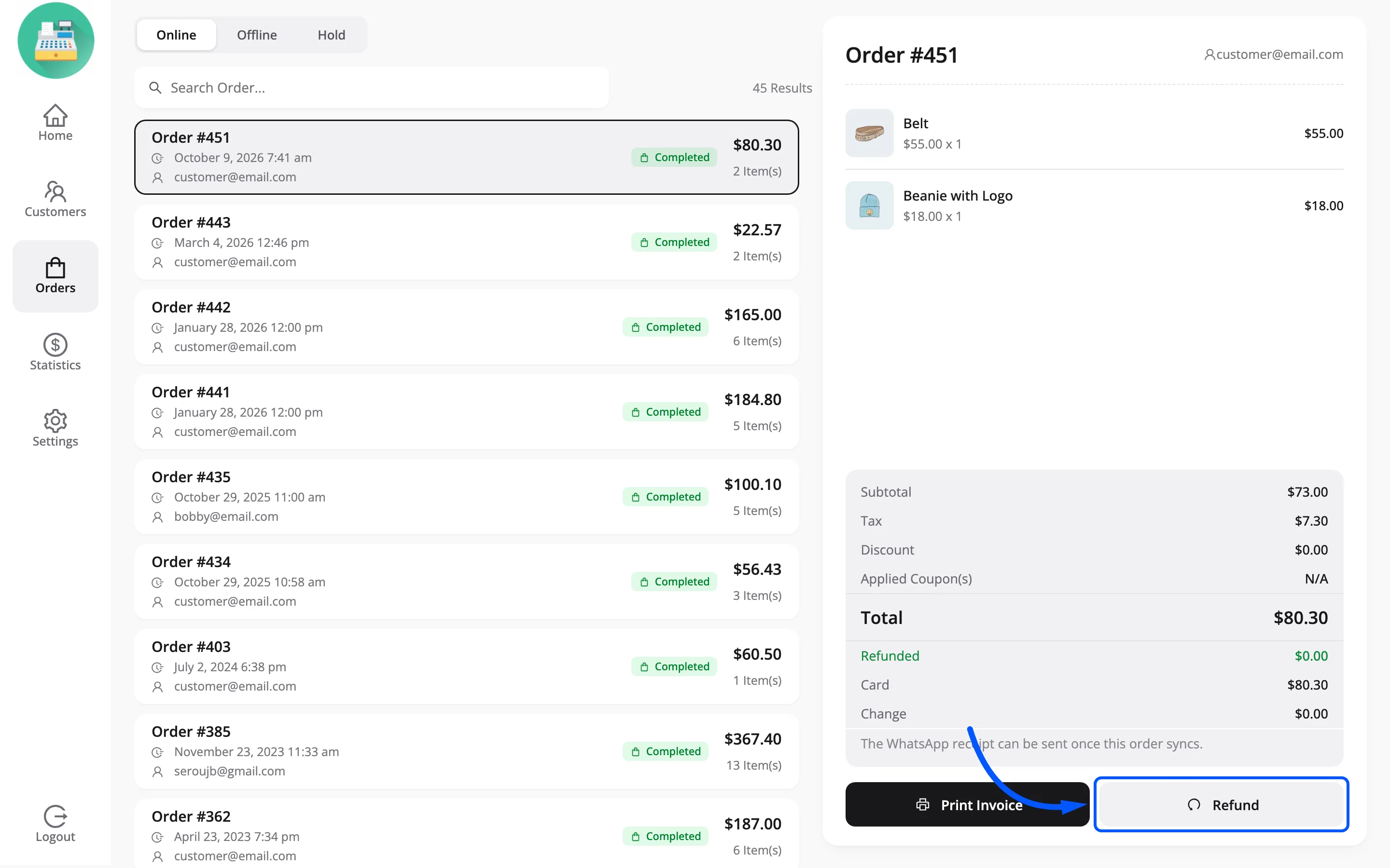 The Refund button at the foot of the POS order details panel