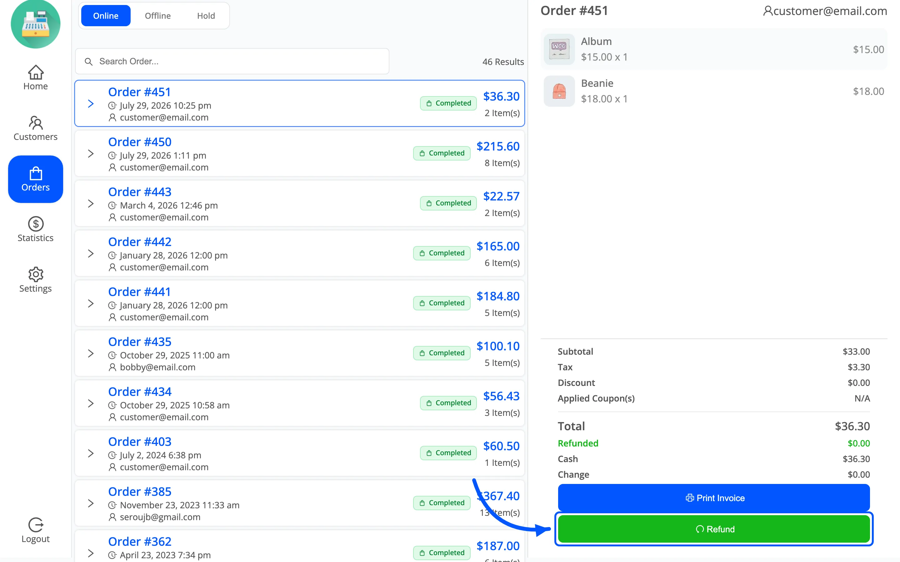 The Refund button at the foot of the POS order details panel