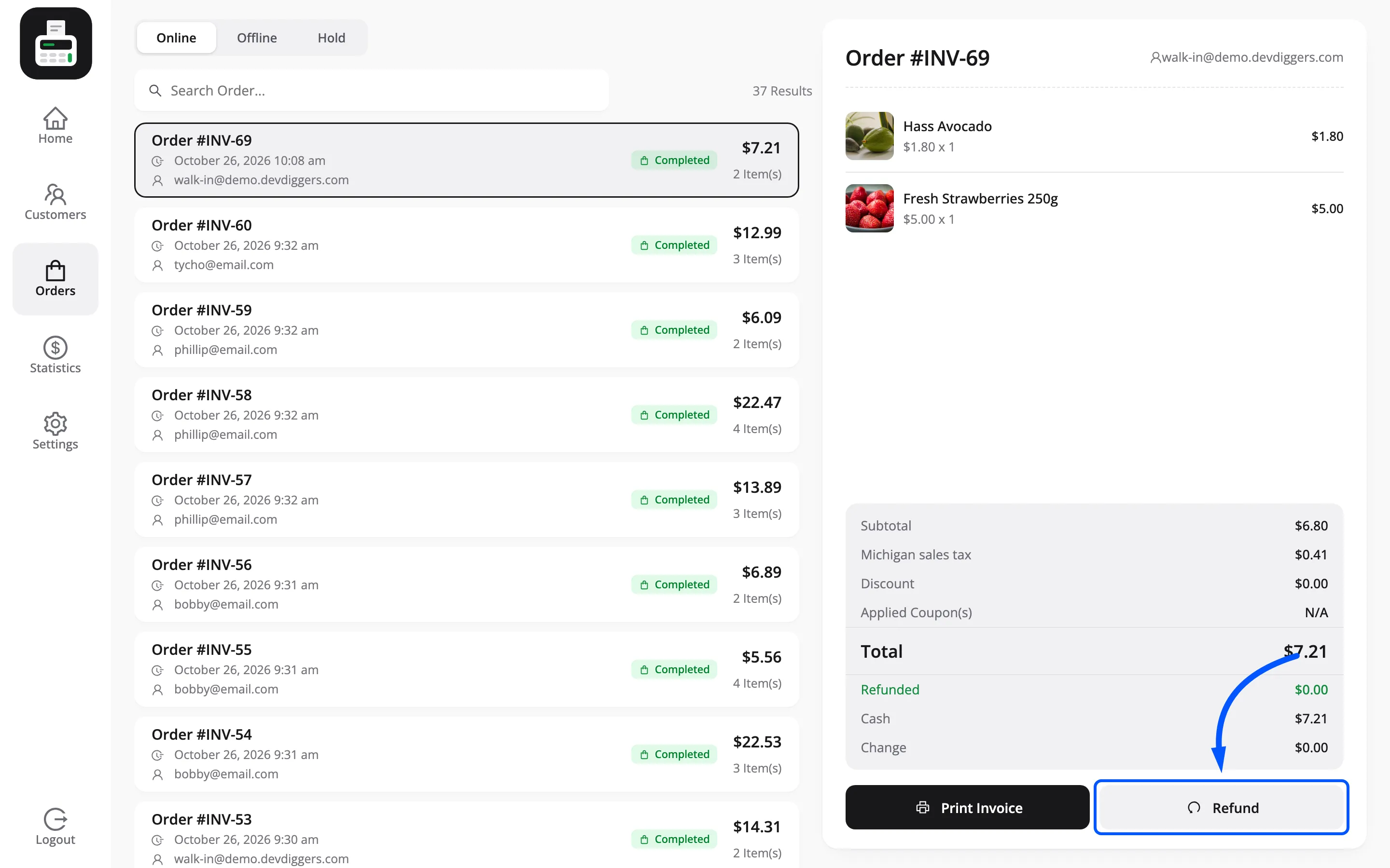 The Refund button at the foot of the POS order details panel