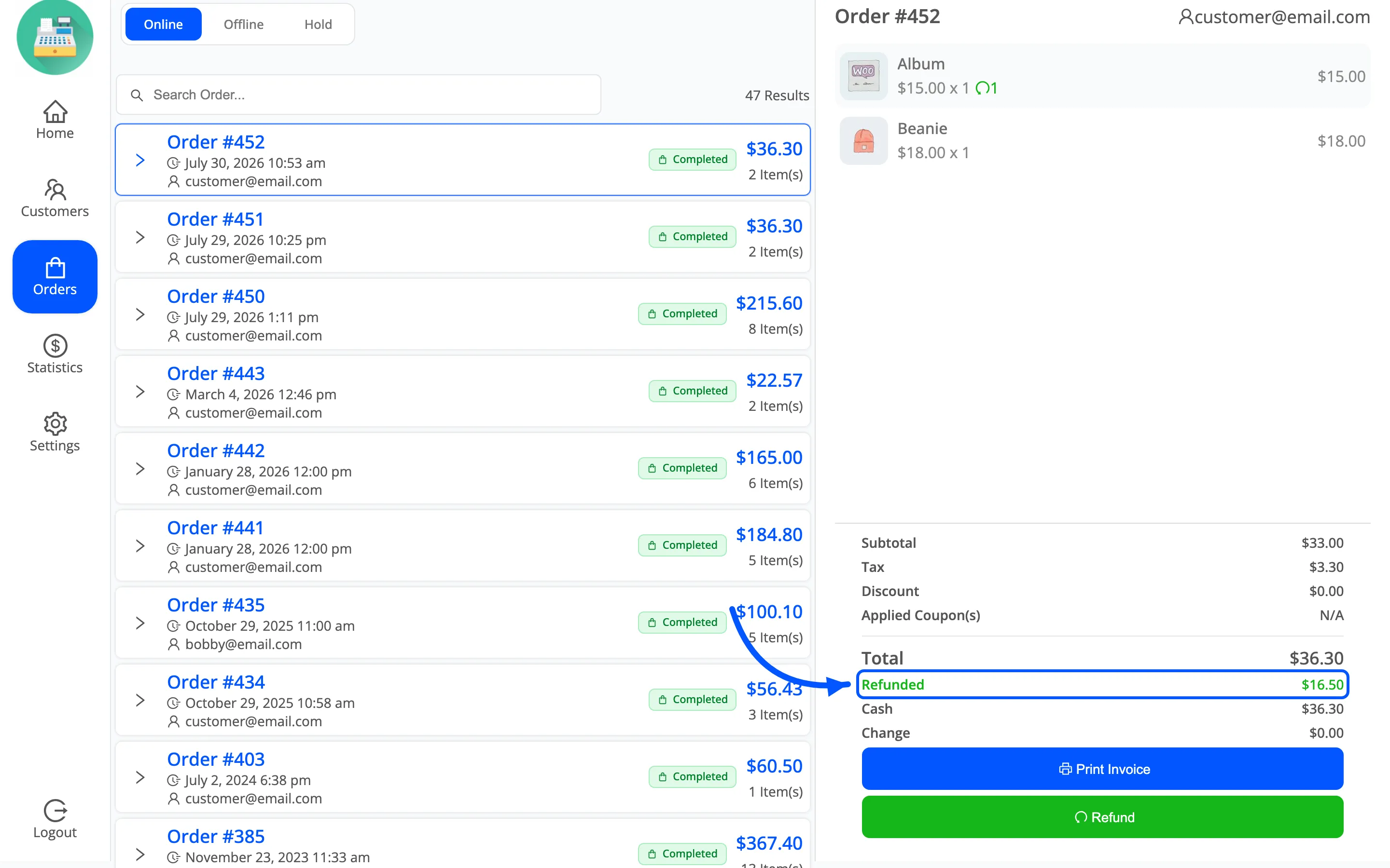 The Refunded row on the POS order details panel showing $16.50 already refunded