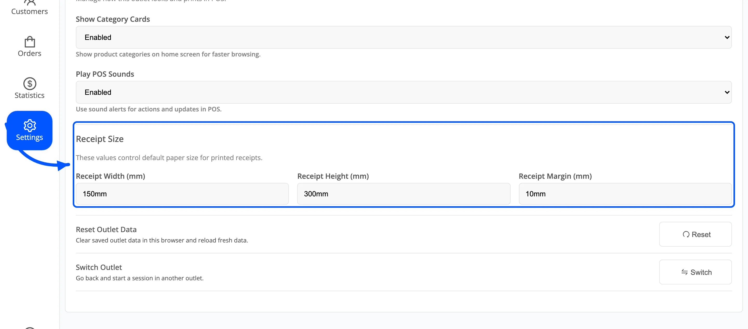 Receipt Width, Height and Margin on the POS outlet settings screen