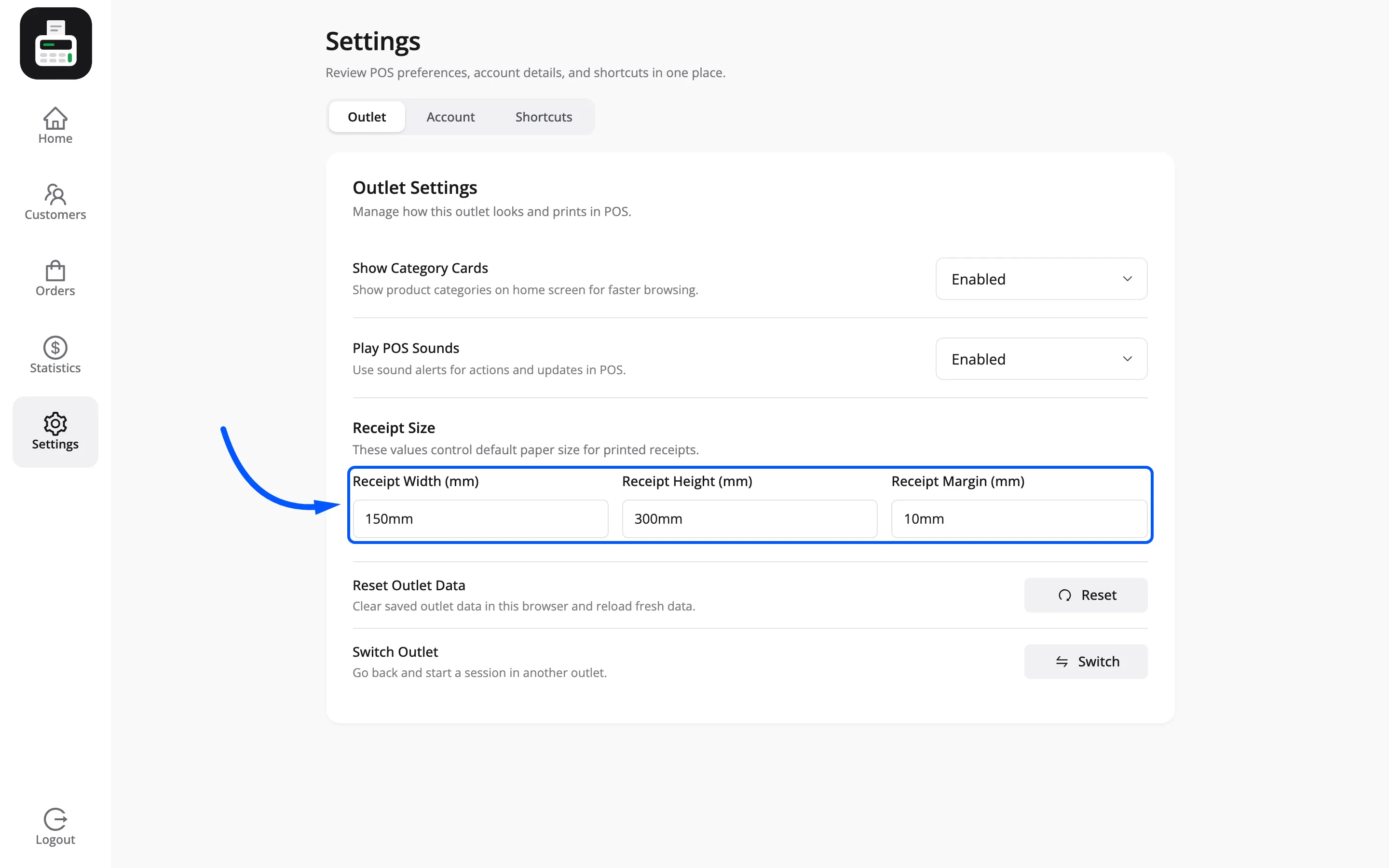 Receipt Width, Height and Margin on the POS outlet settings screen