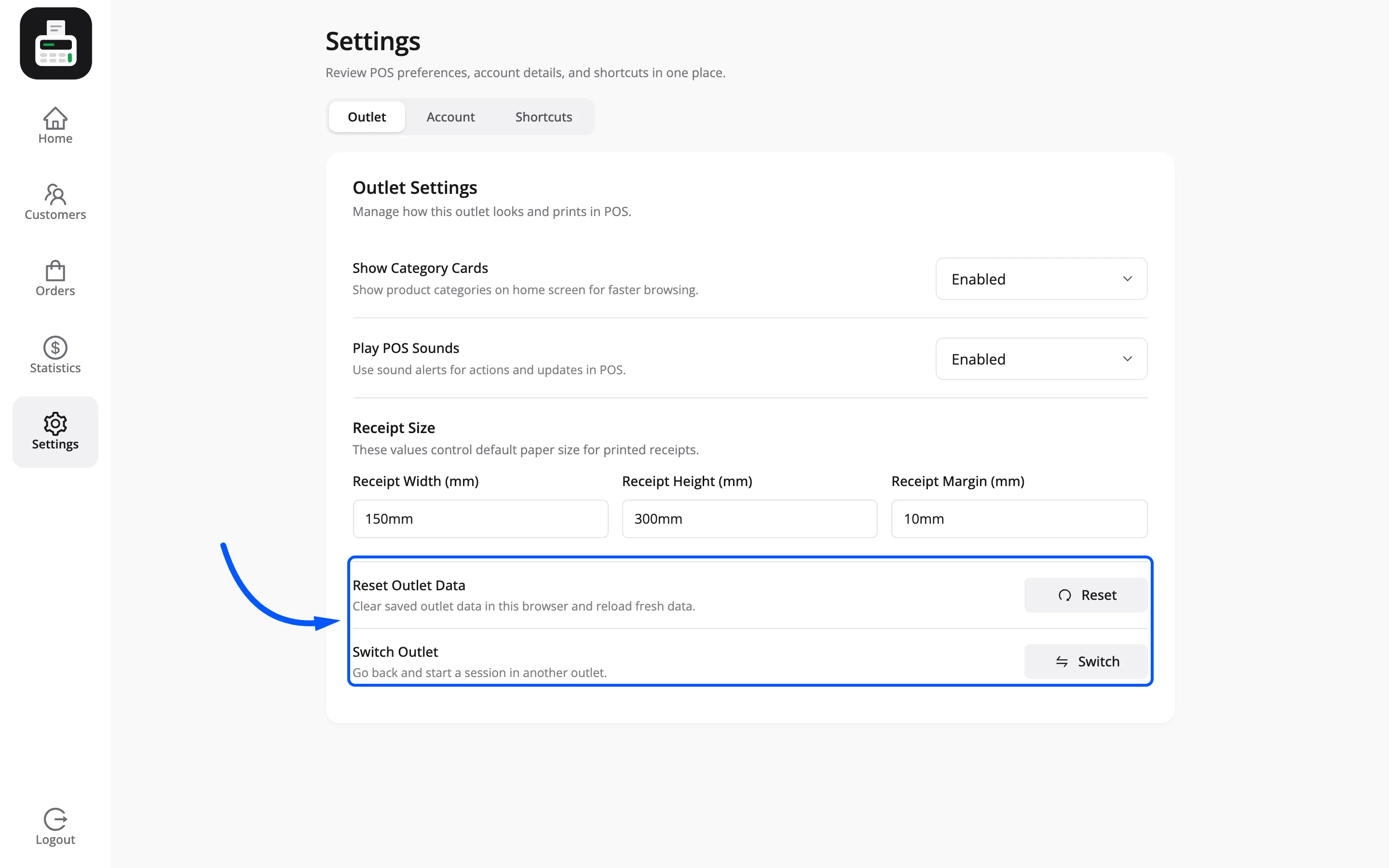 Reset Outlet Data and Switch Outlet at the foot of the POS settings screen
