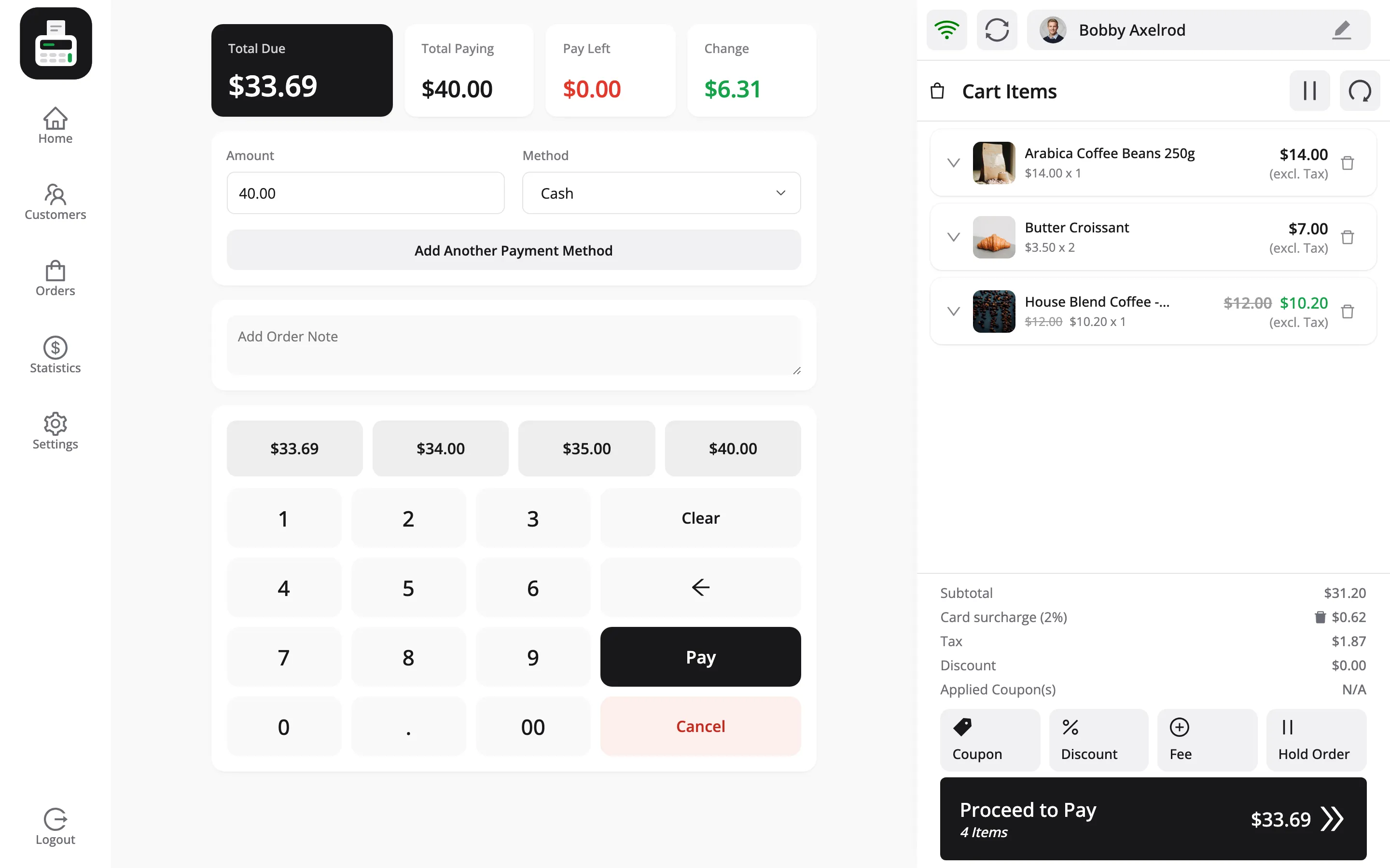 The payment screen with Cash chosen and the amount the customer handed over entered