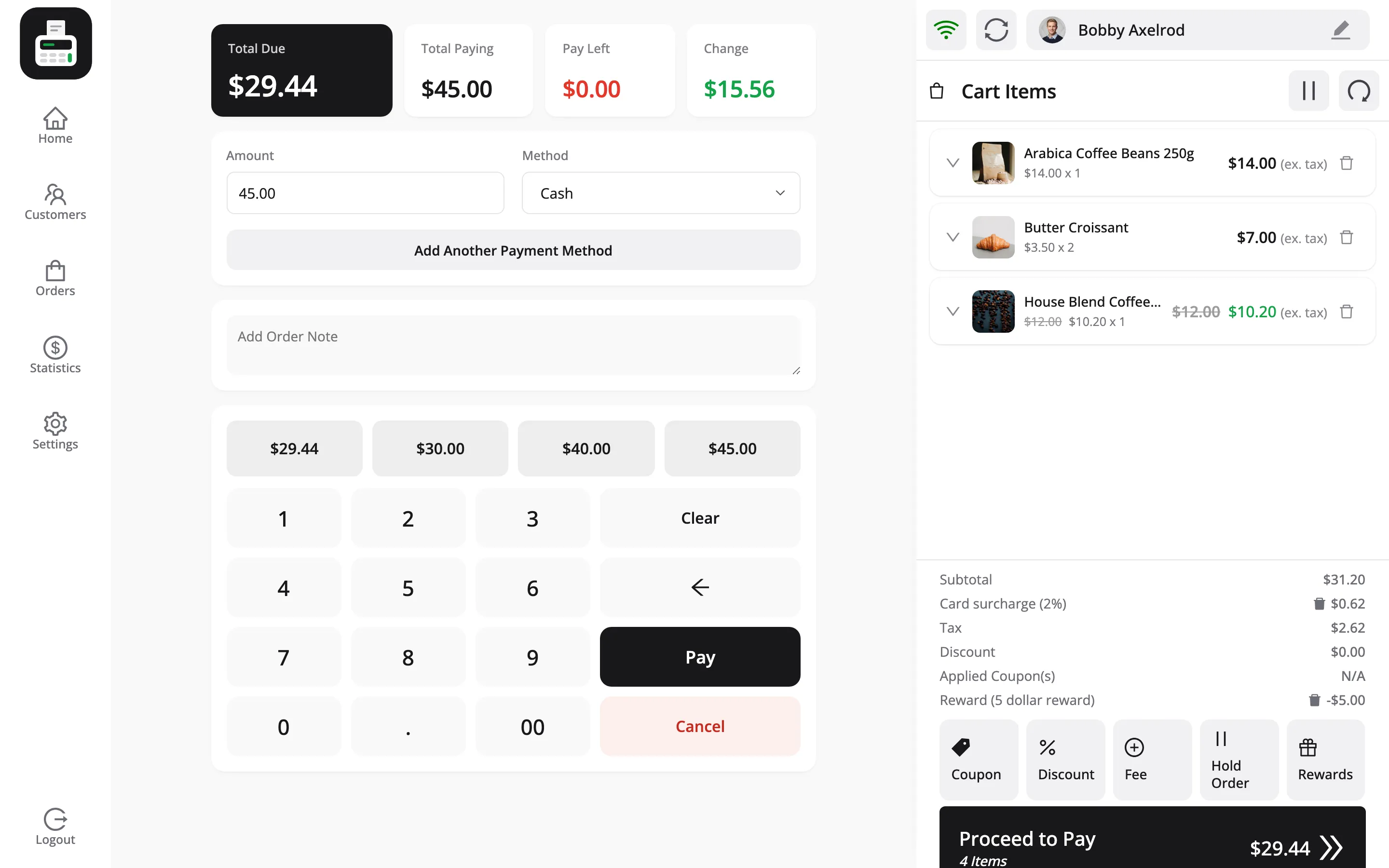 The payment screen with Cash chosen and the amount the customer handed over entered