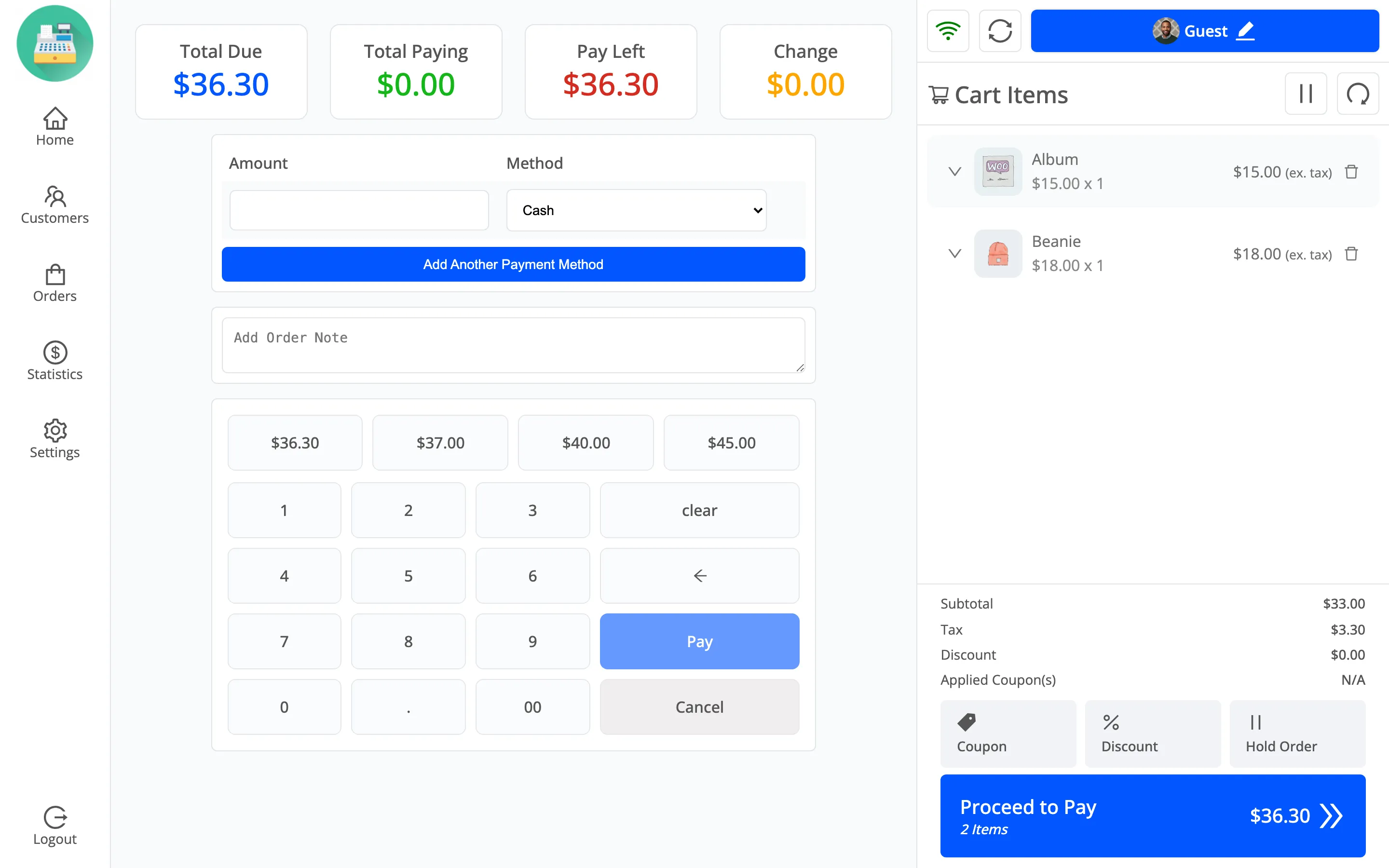 The POS payment screen with the total due, payment methods and numeric keypad