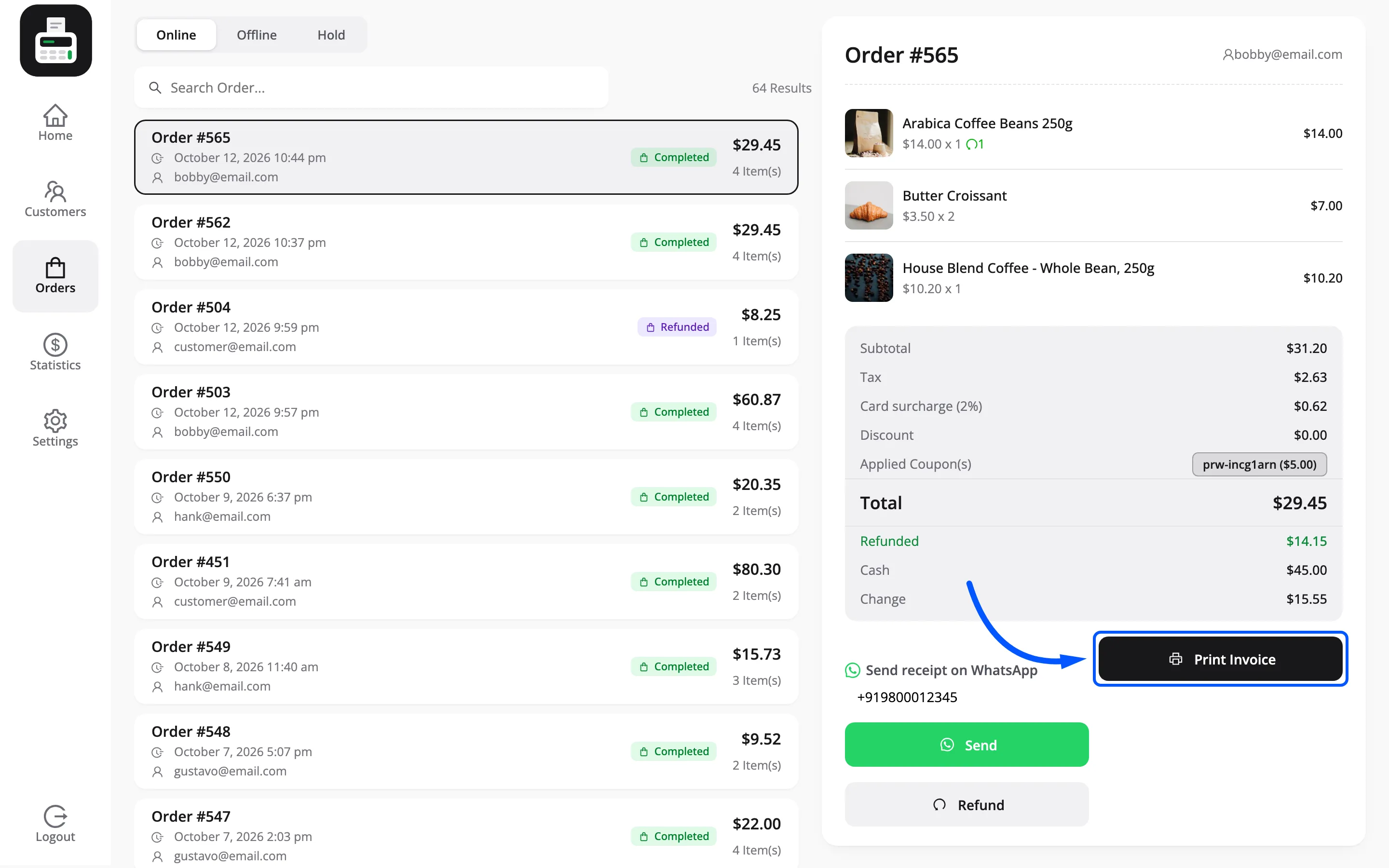 The Print Invoice button on a POS order detail panel