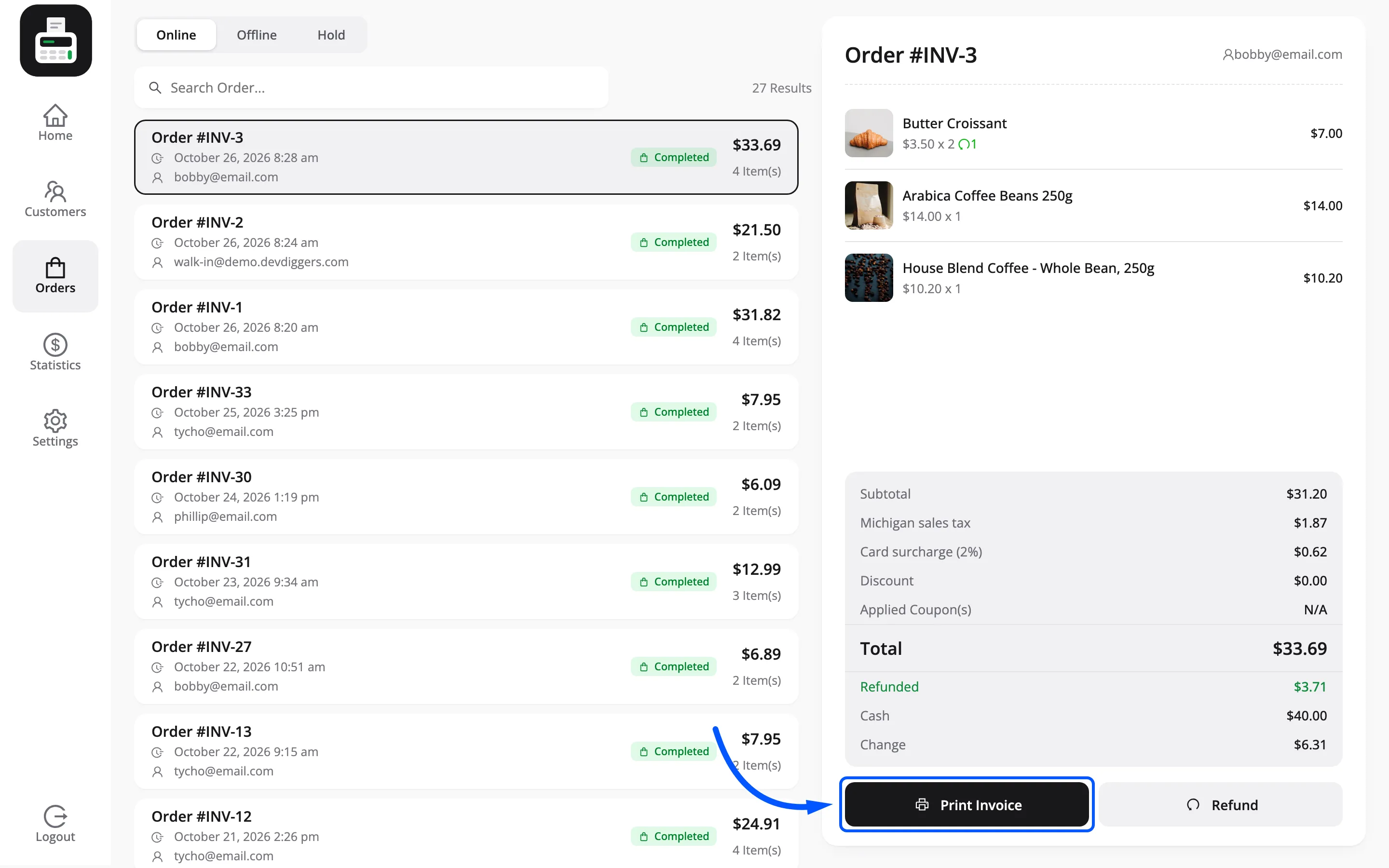 The Print Invoice button on a POS order detail panel