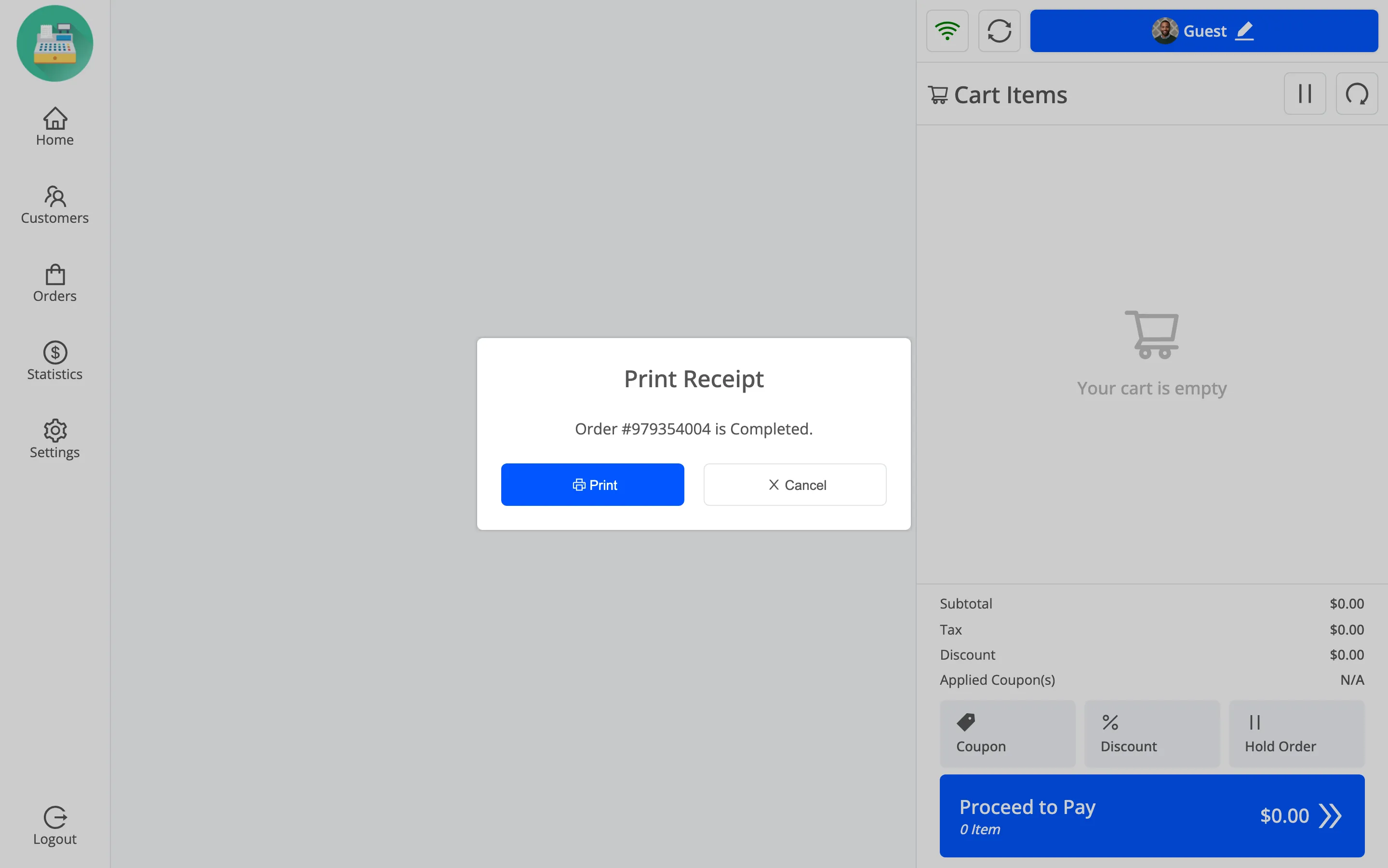 The Print Receipt prompt naming the order and its status