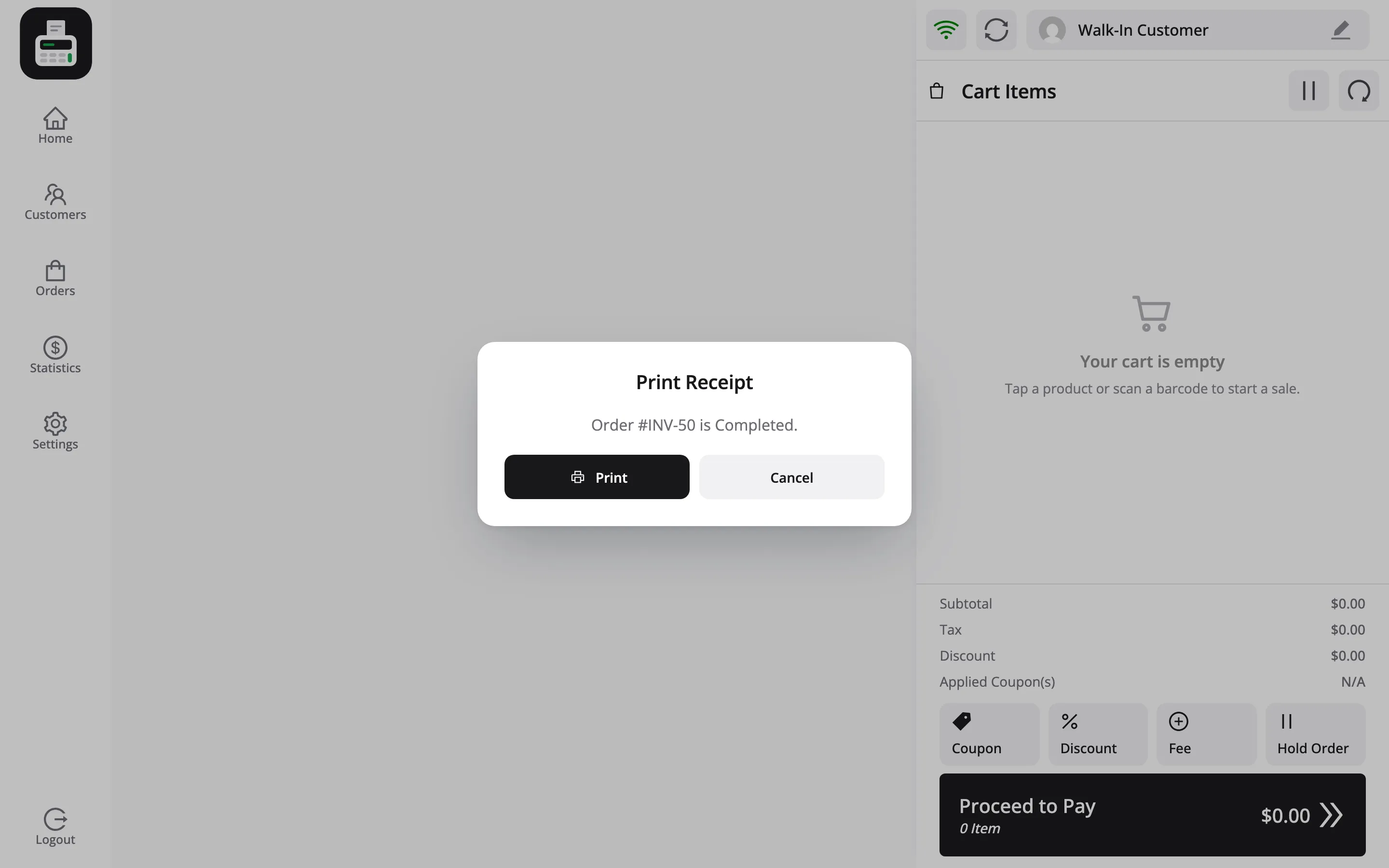 The Print Receipt prompt naming the order and its status