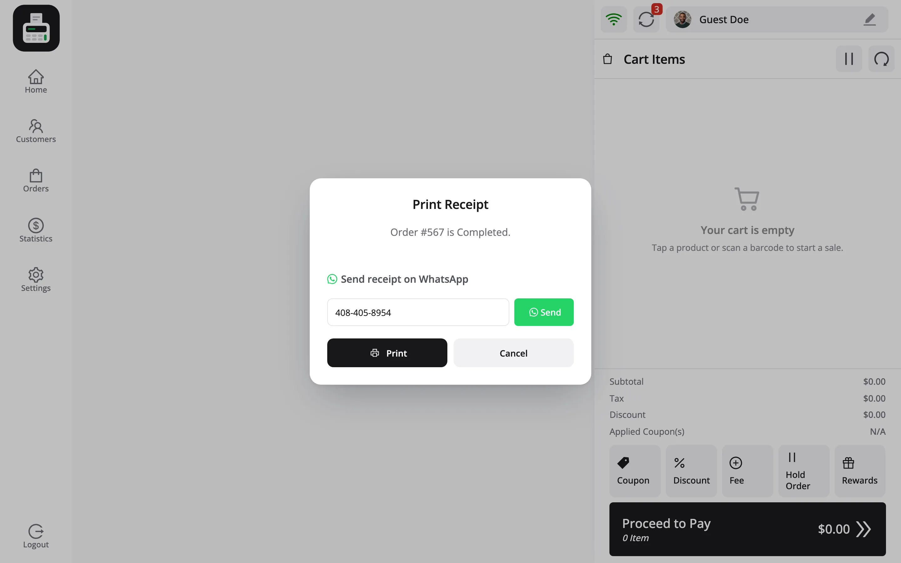 The Print Receipt prompt naming the order and its status