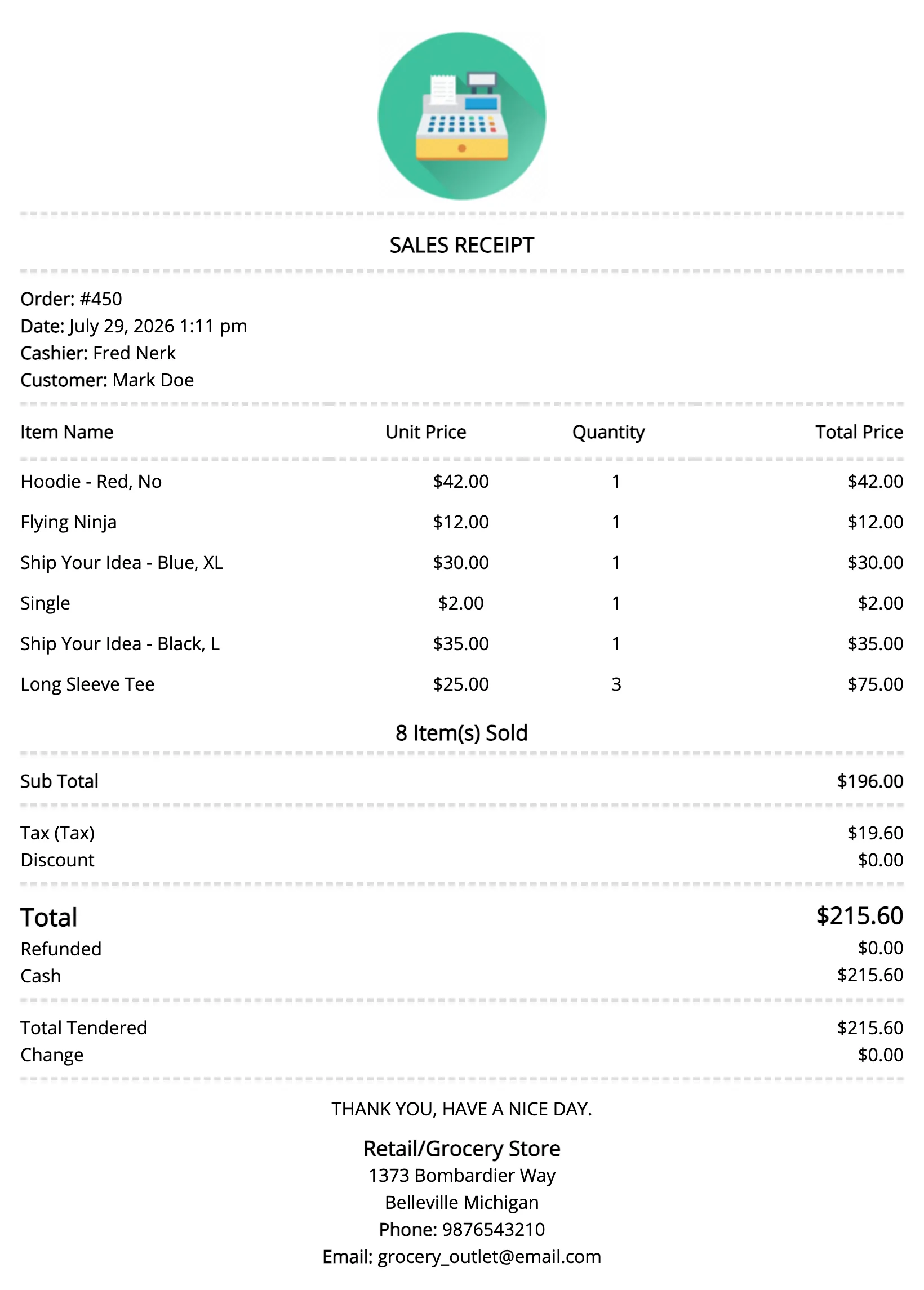 A printed MultiPOS sales receipt showing the order, items and totals