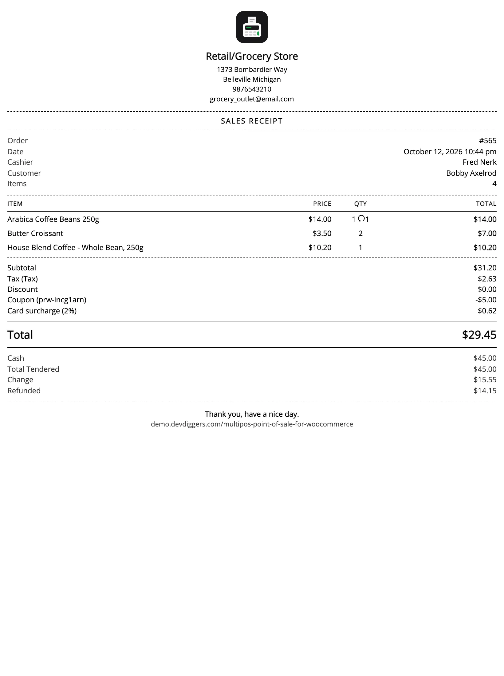 A printed MultiPOS sales receipt showing the order, items and totals