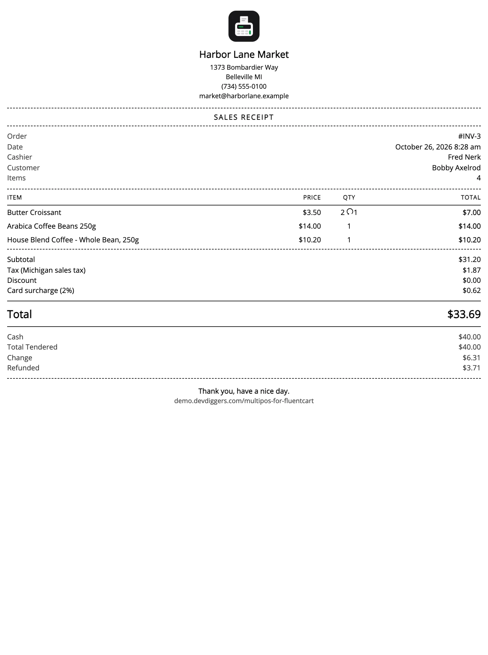 A printed MultiPOS sales receipt showing the order, items and totals