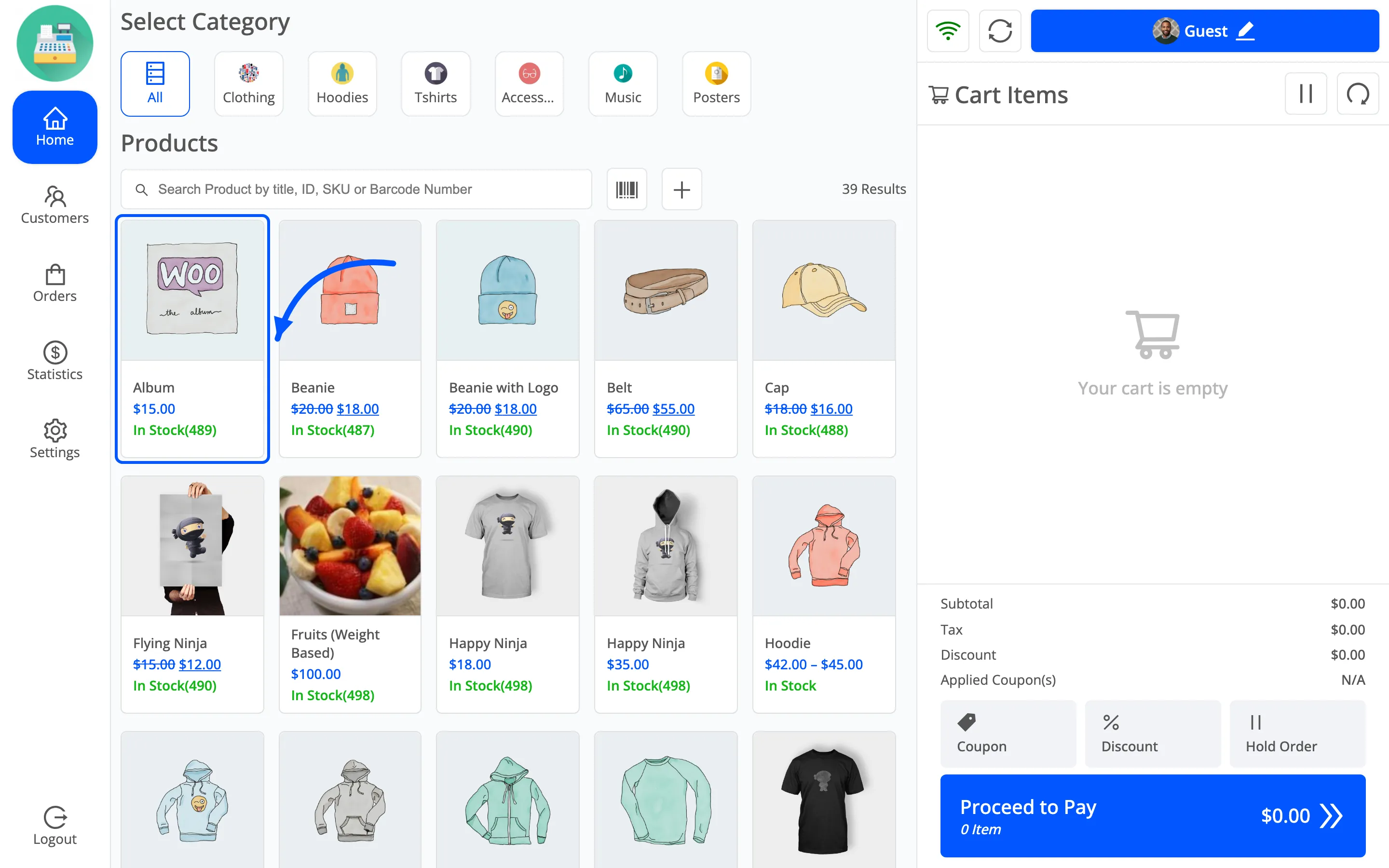 A product card in the POS product grid showing name, price and stock
