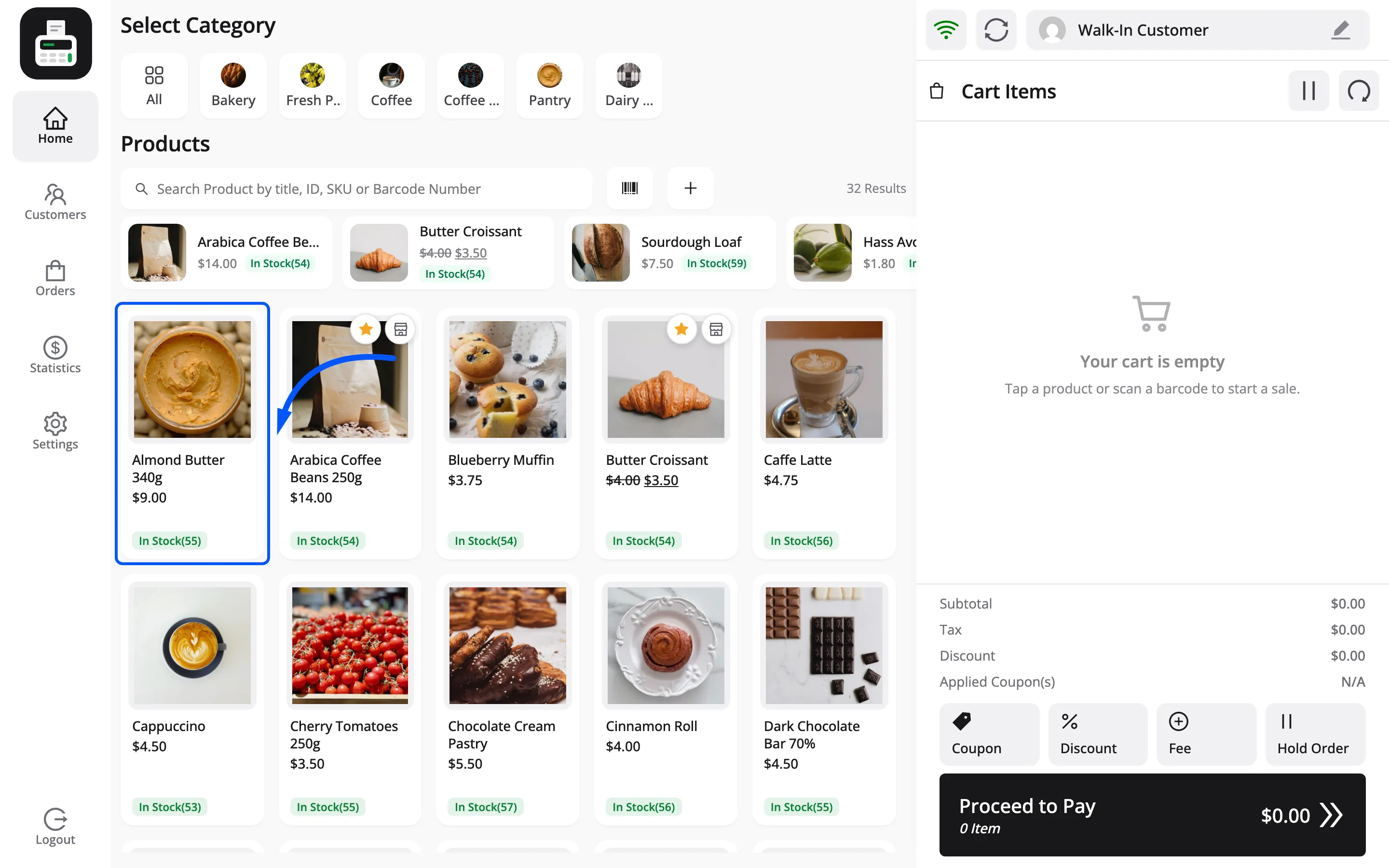 A product card in the POS product grid showing name, price and stock