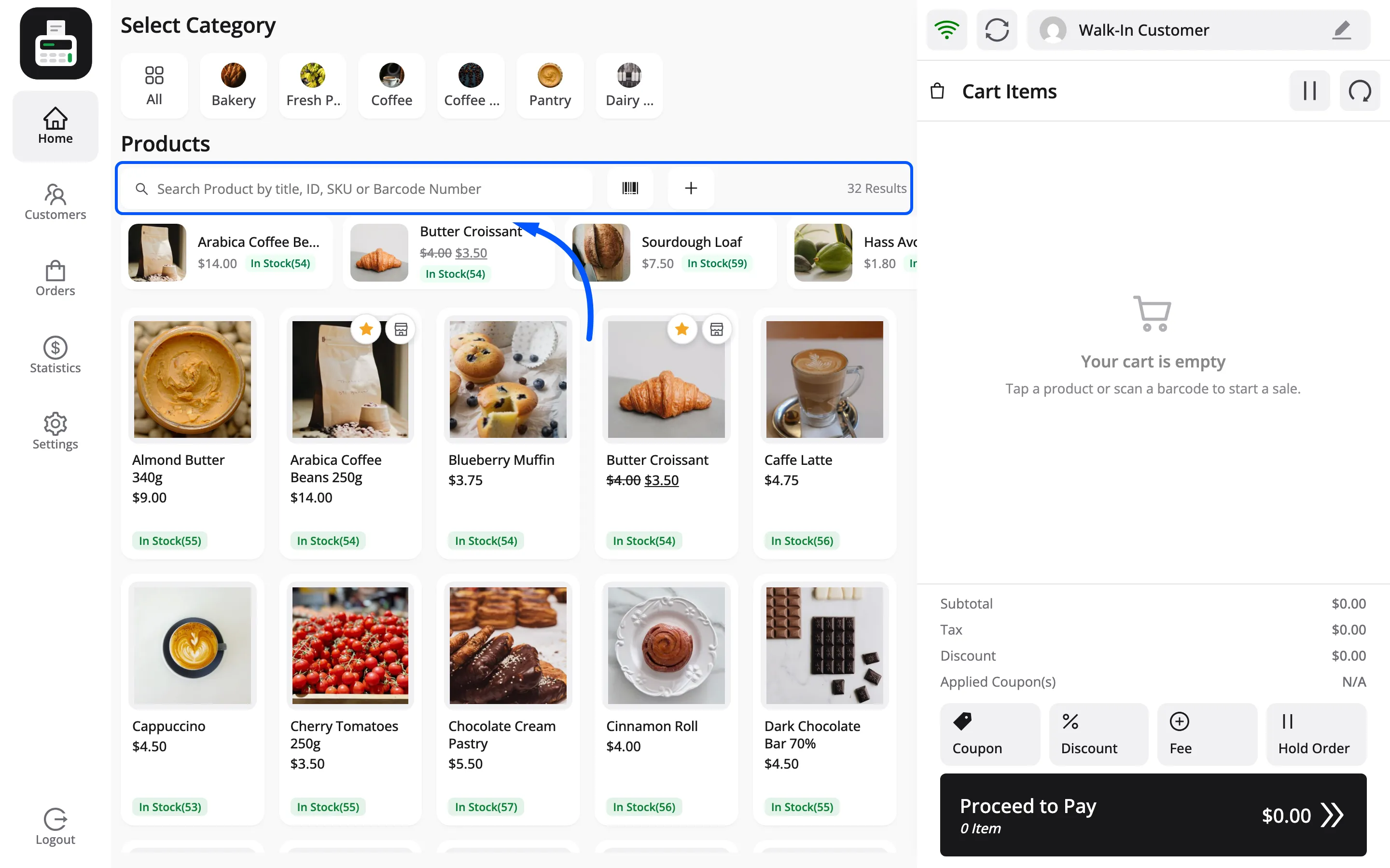 The product search box on the POS home screen