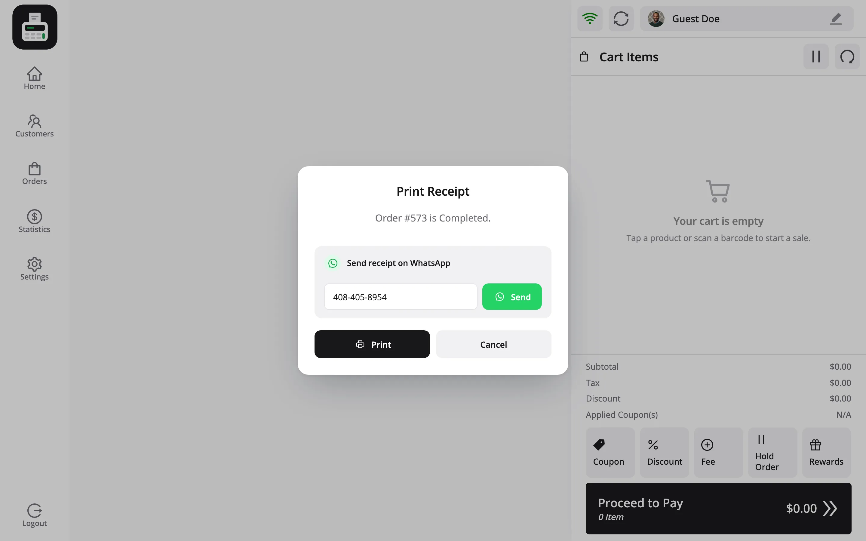The Print Receipt popup for order #573 with the Send receipt on WhatsApp card, the customer’s number and a green Send button