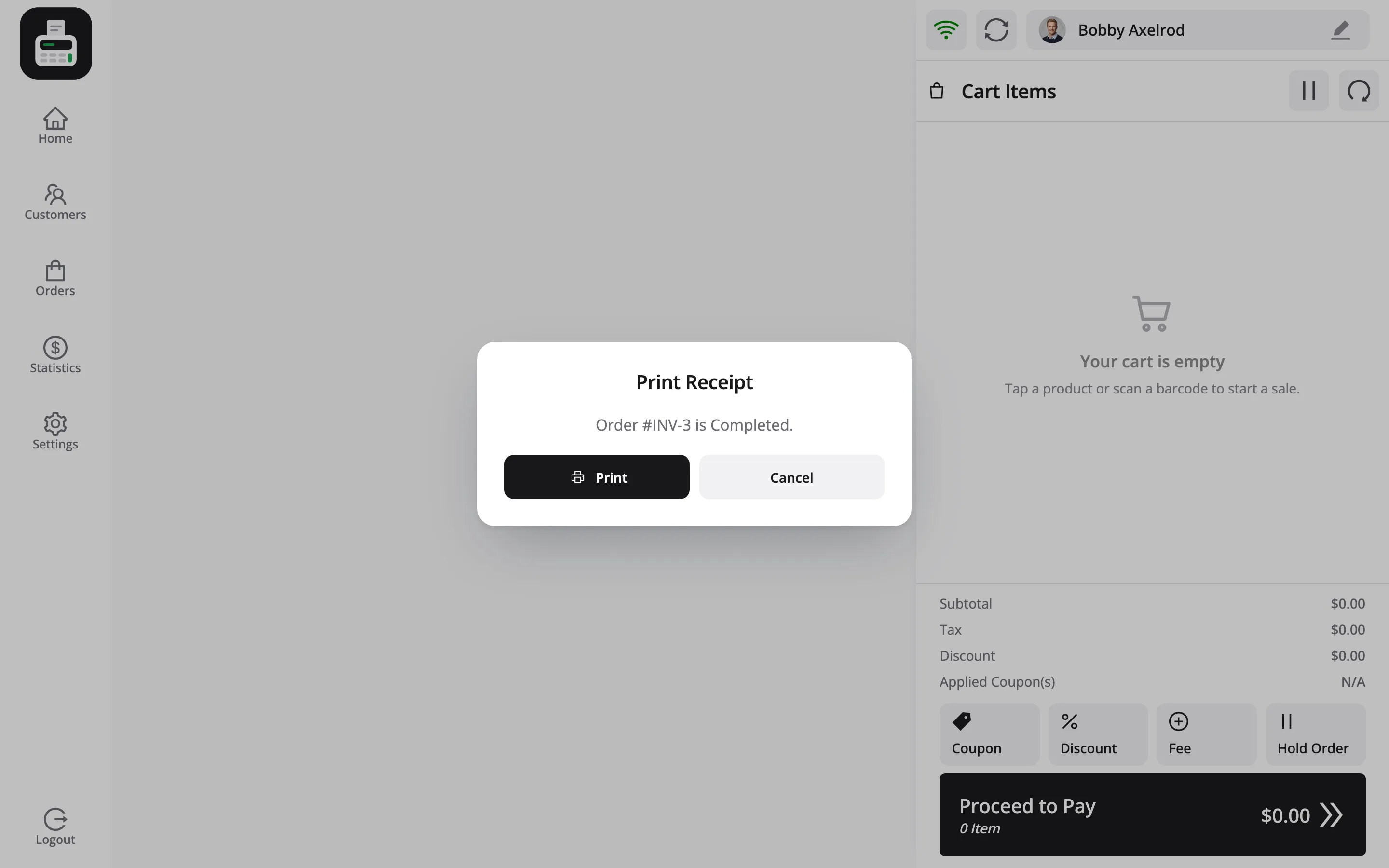 The Print Receipt popup reading Order #INV-1 is Completed, with the Print and Cancel buttons