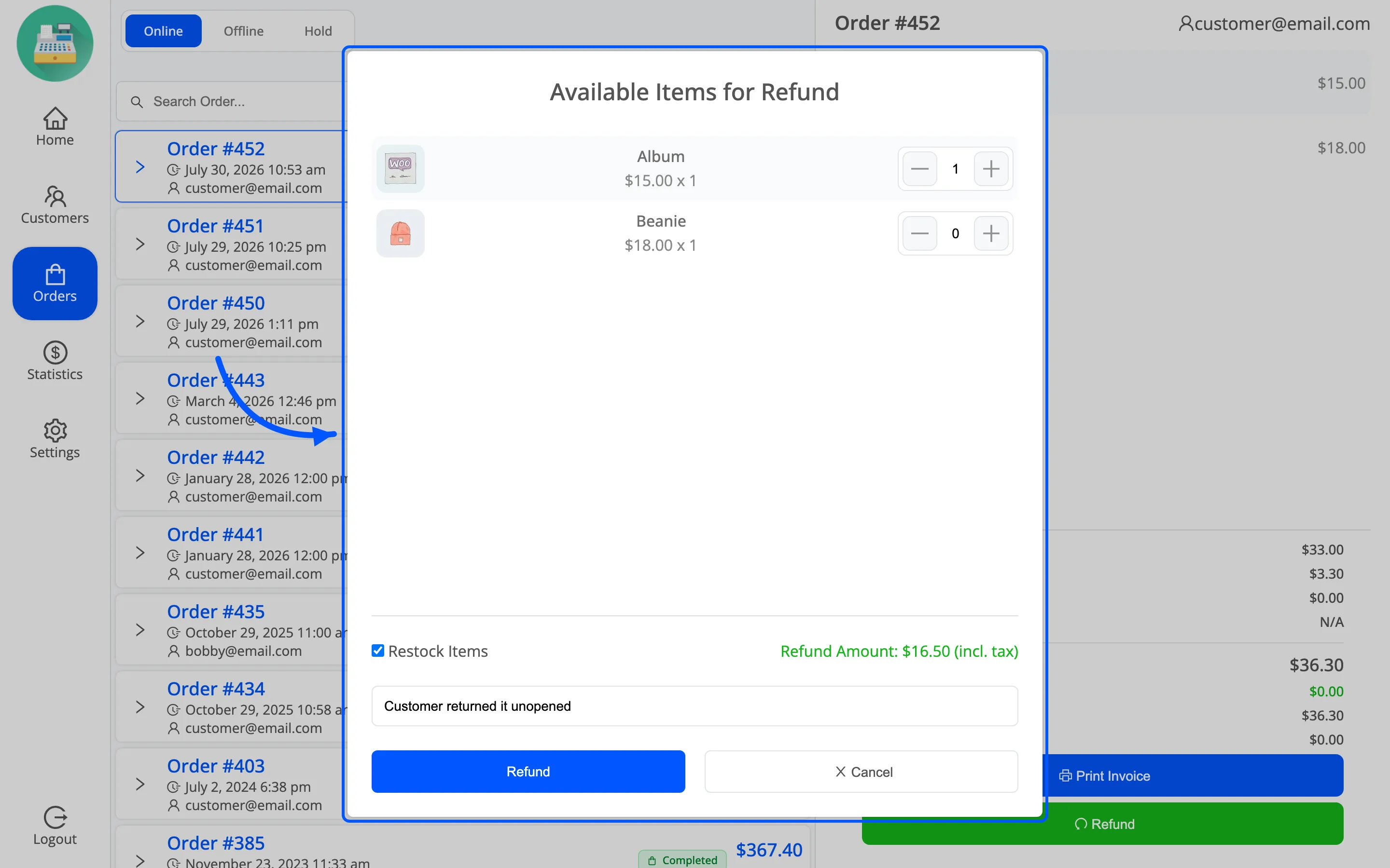 The refund popup with one item selected, a reason typed in and a refund amount of $16.50