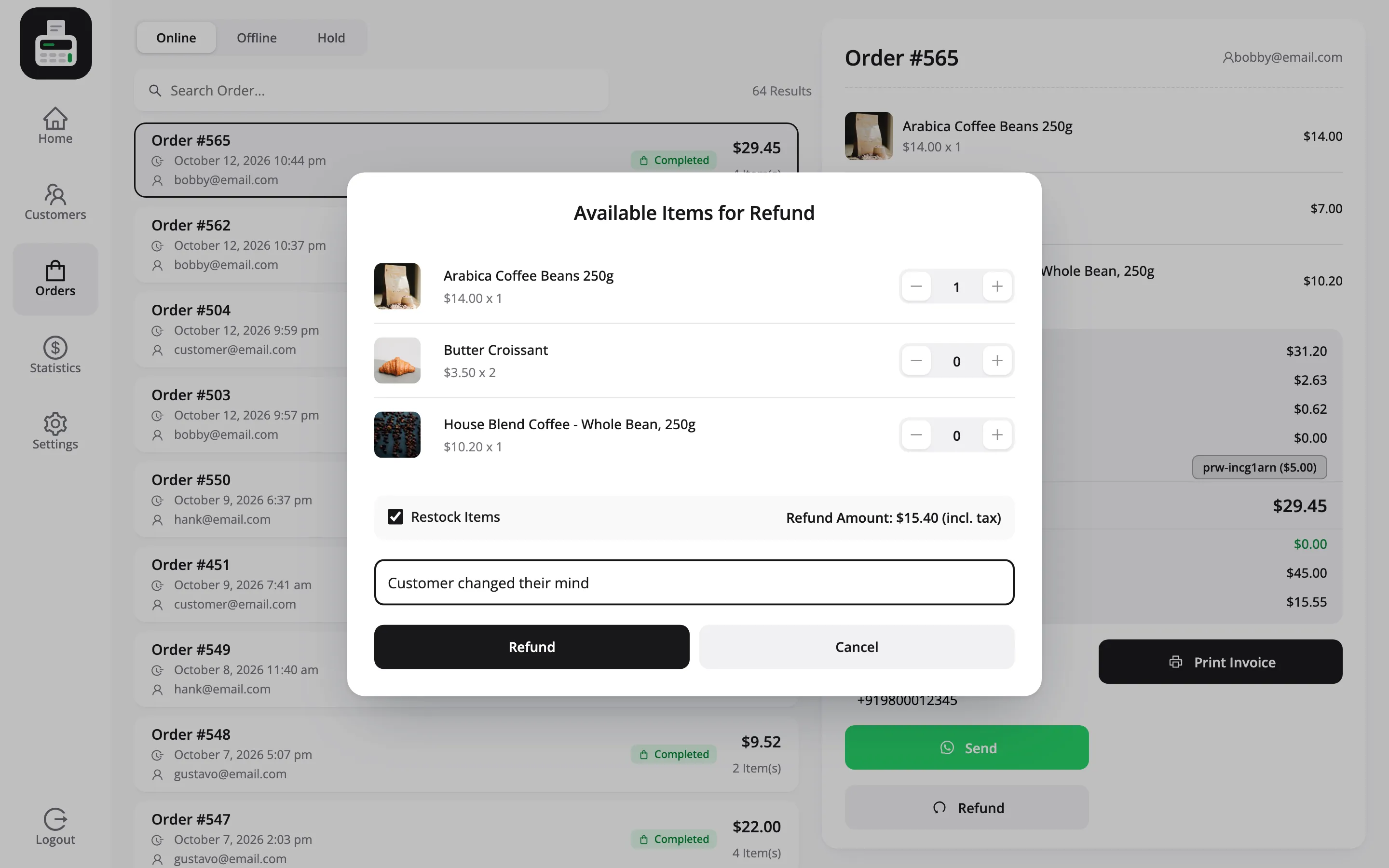 The refund popup with one Arabica Coffee Beans selected, Restock Items ticked, a reason and Refund Amount $15.40 including tax