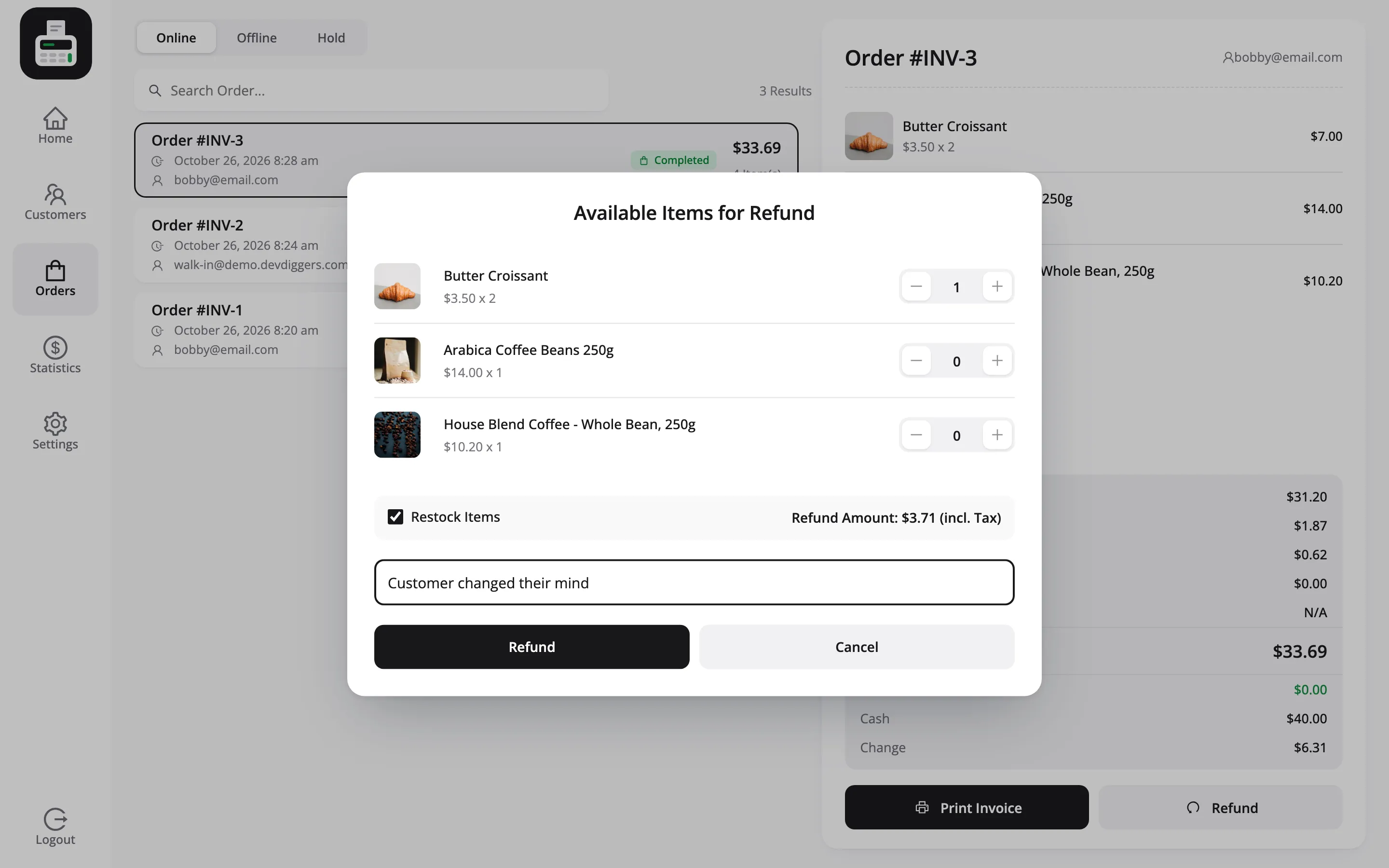 The refund popup with one item selected, Restock Items ticked, a reason and the Refund Amount including tax