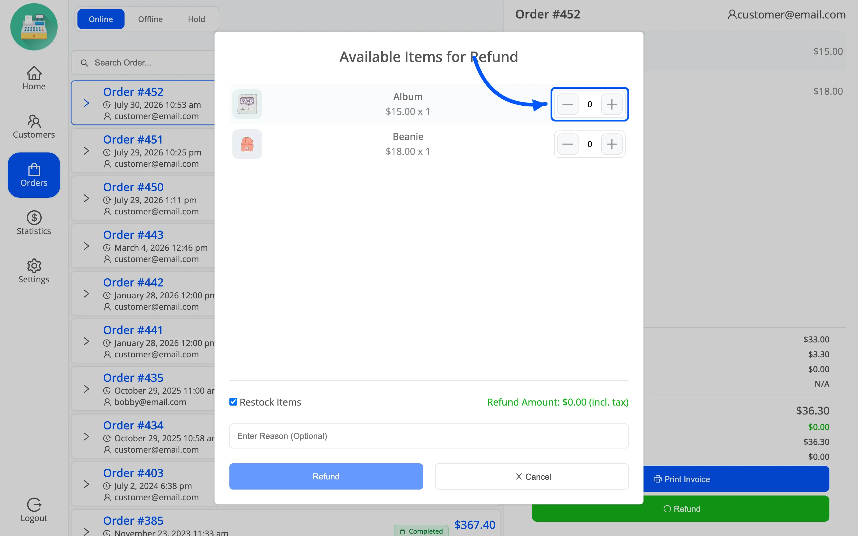 The per-item quantity stepper inside the refund popup