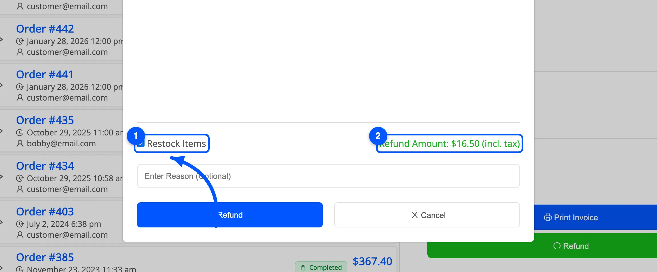 Restock Items and the running Refund Amount at the foot of the refund popup