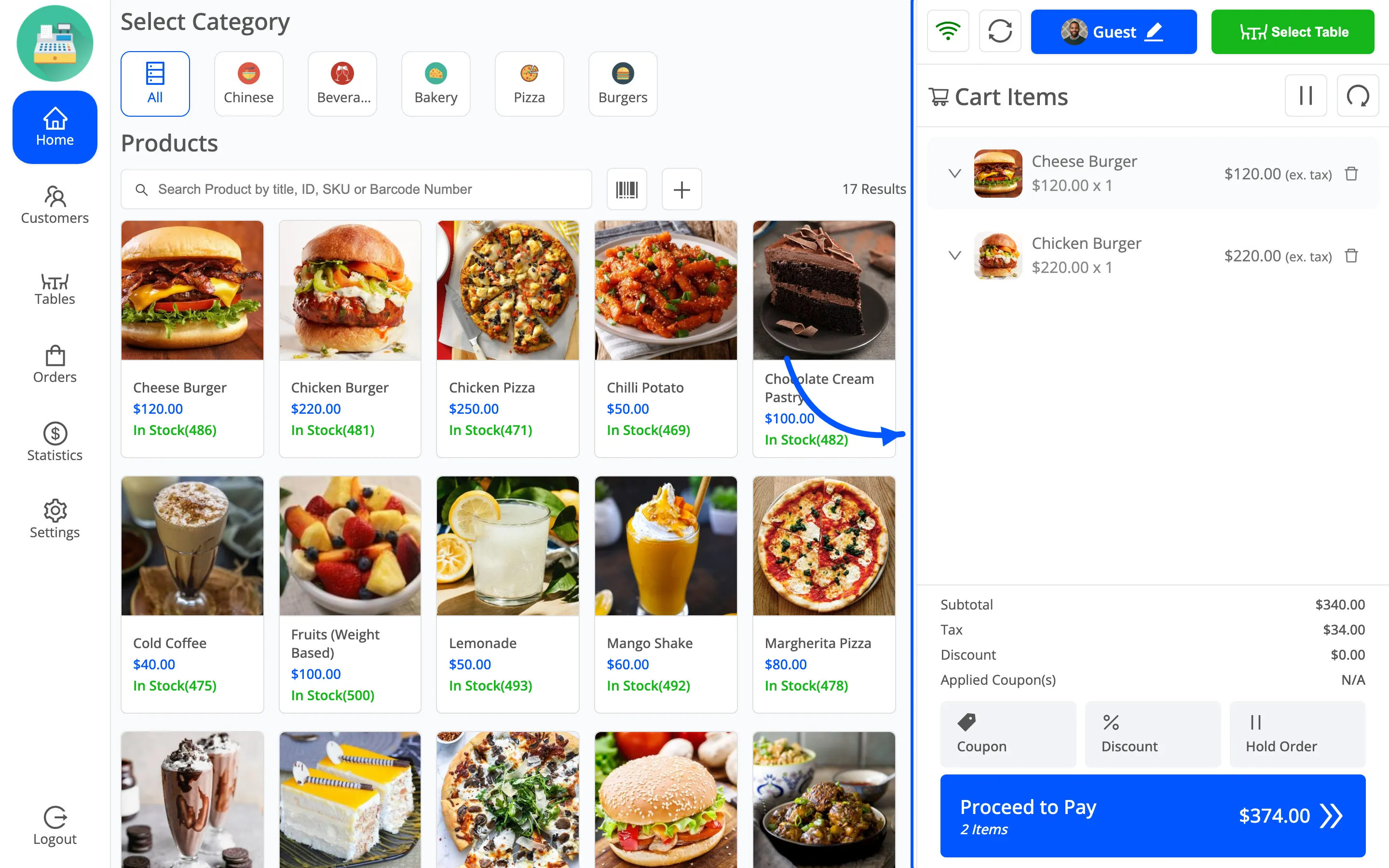 The POS cart in restaurant mode with the table and mode selectors