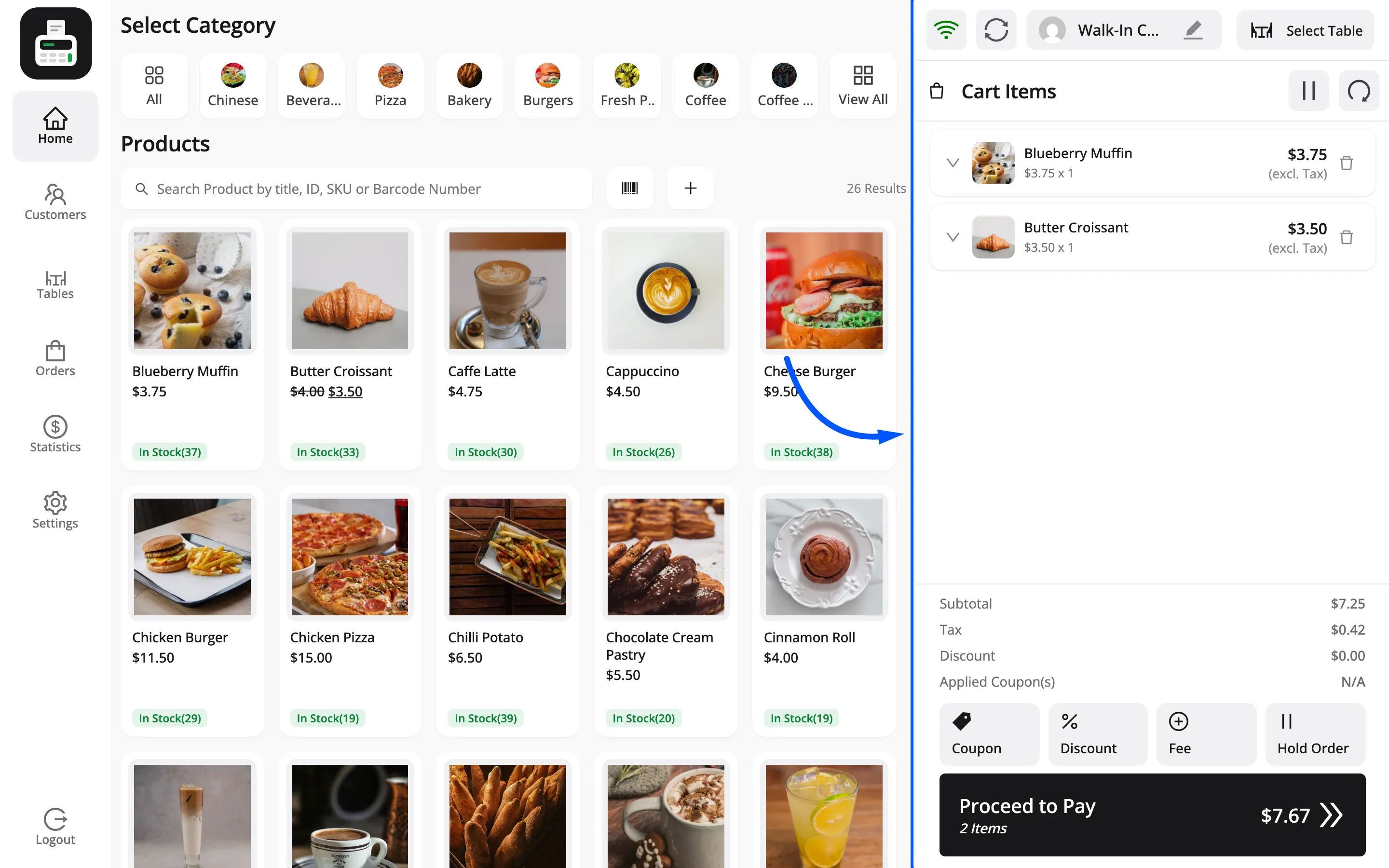 The POS cart in restaurant mode with the table and mode selectors