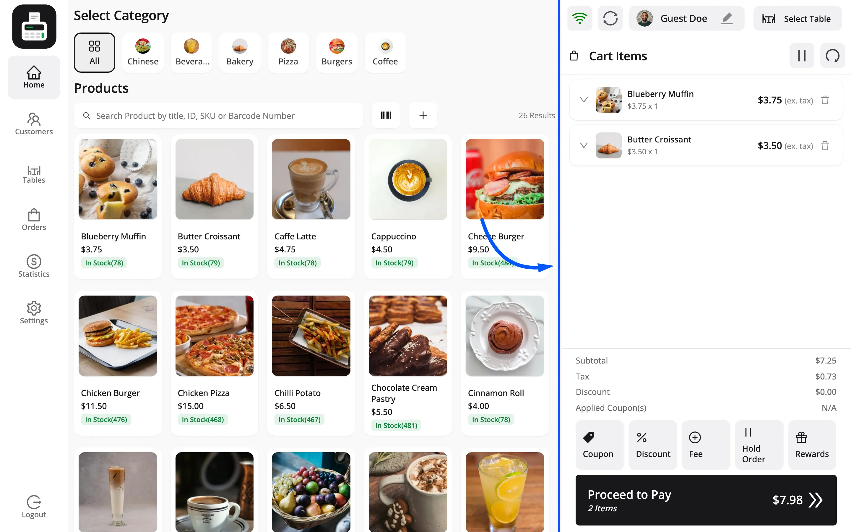 The POS cart in restaurant mode with the table and mode selectors