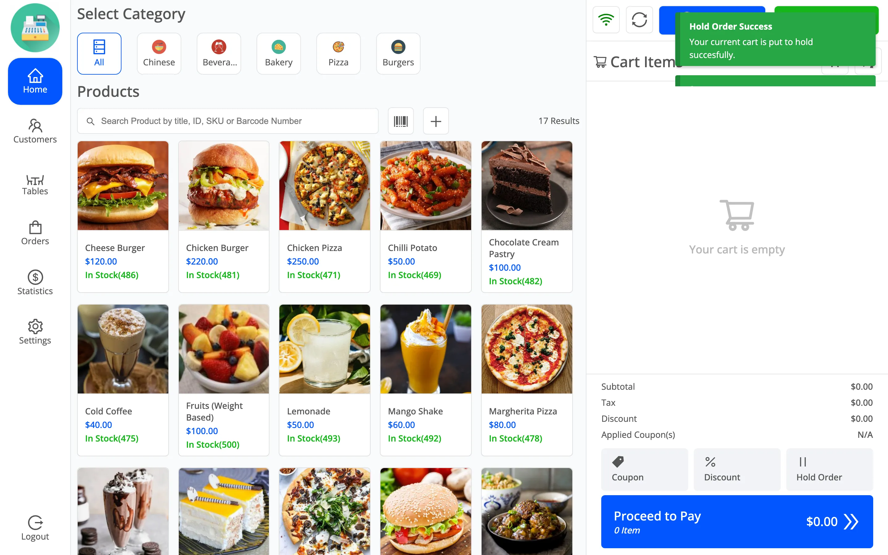 The restaurant cart after holding an order, with a count on the pause icon