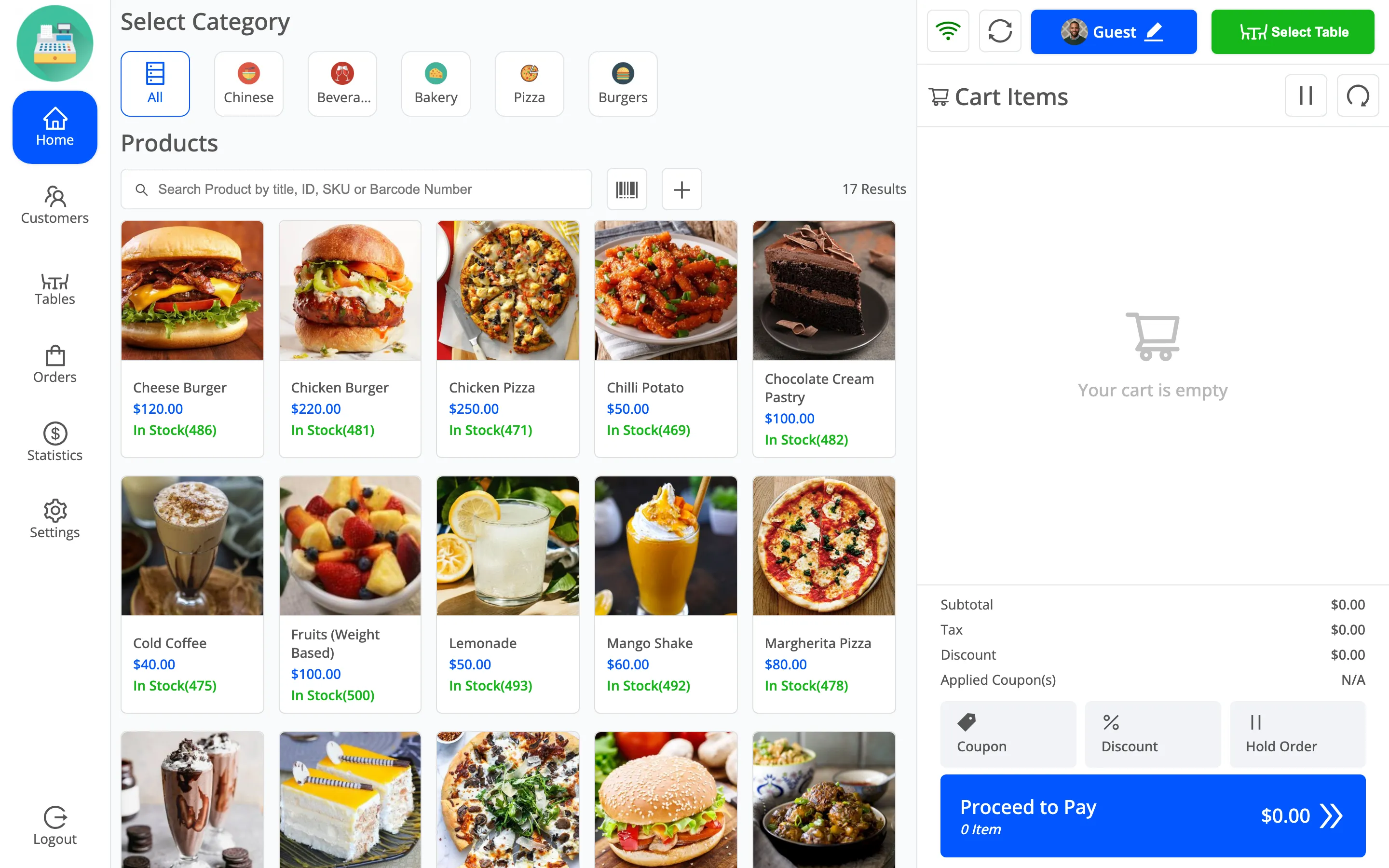 The POS home screen in restaurant mode with the Tables icon in the sidebar