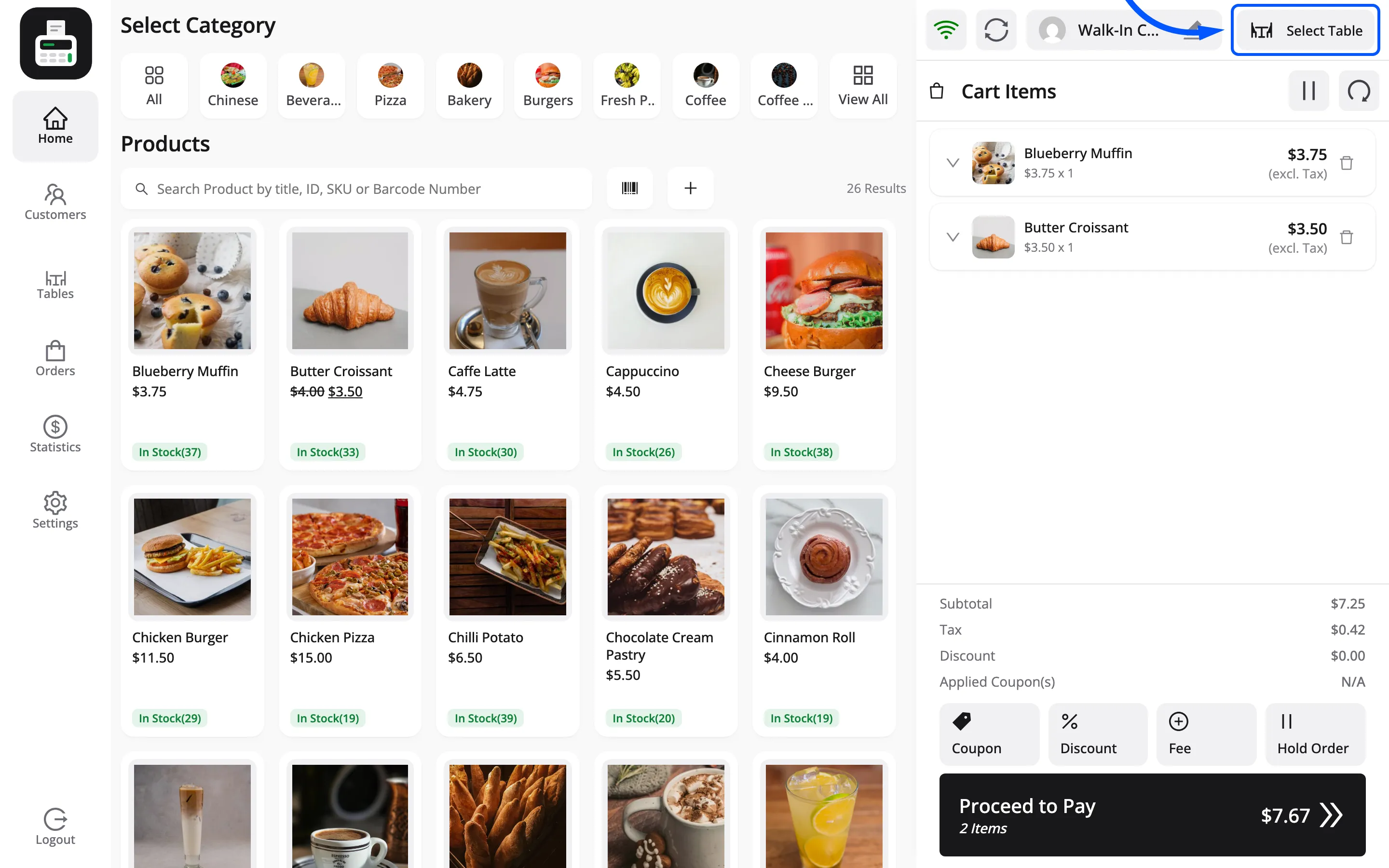 The green Select Table button in the POS cart header
