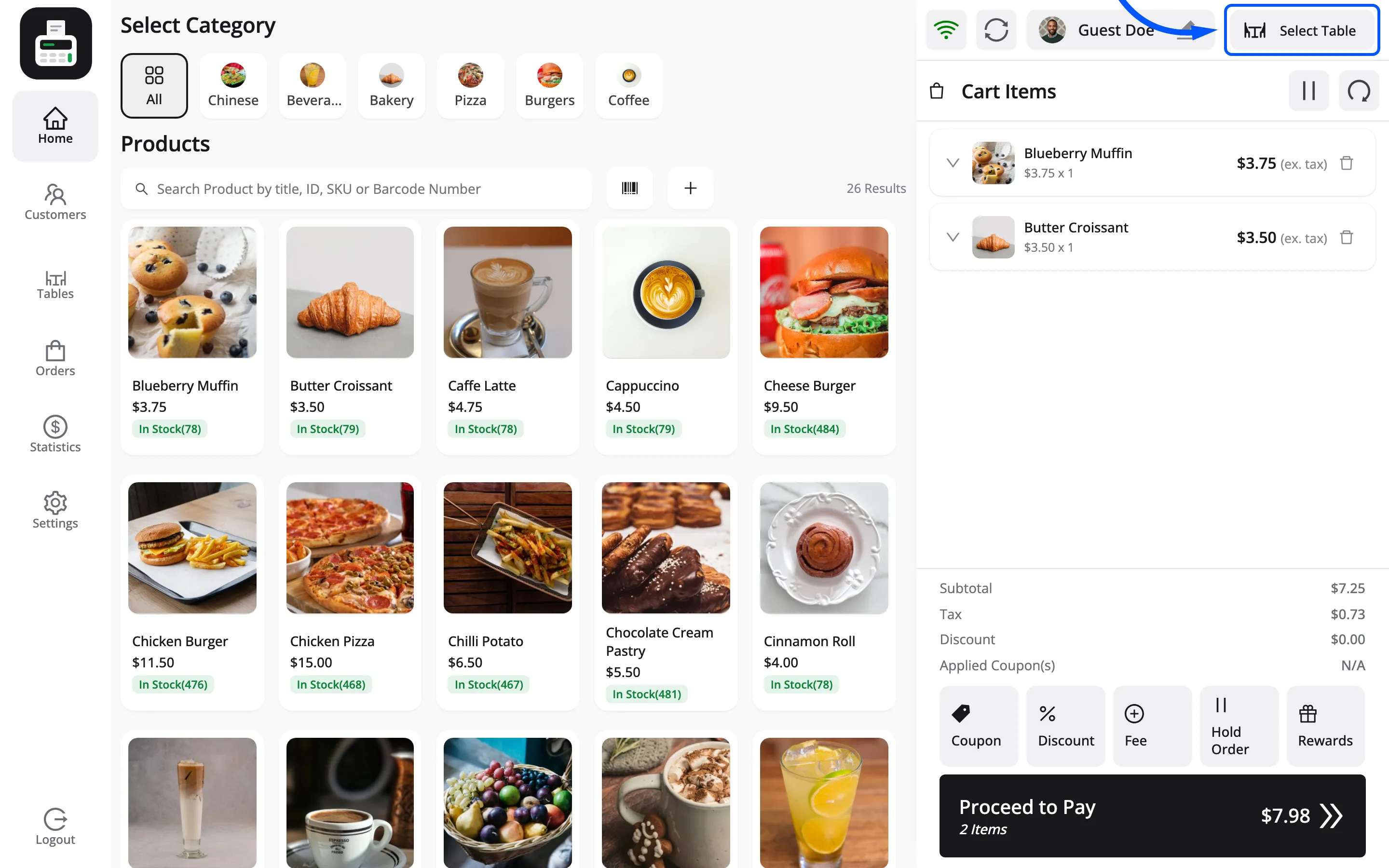 The green Select Table button in the POS cart header