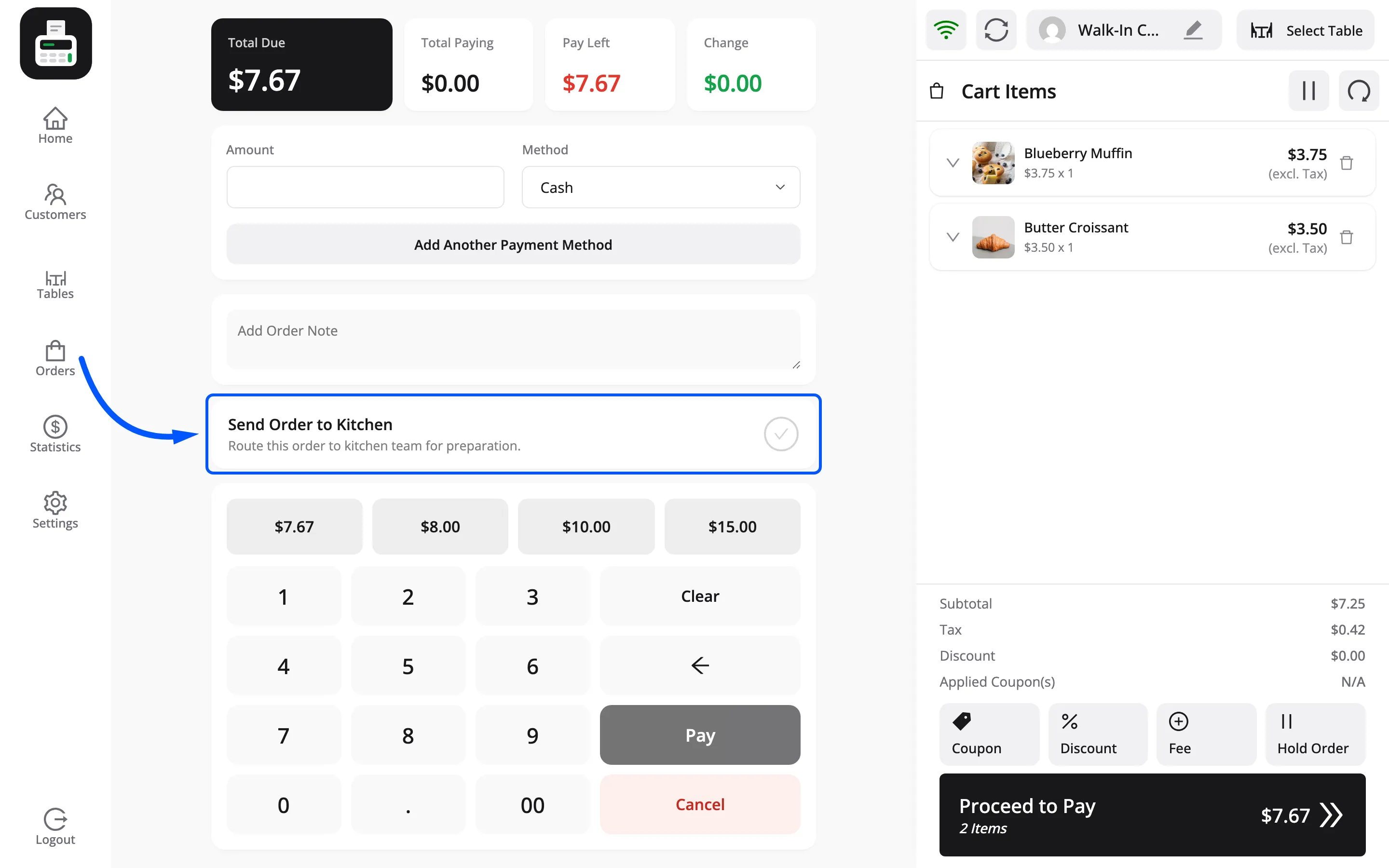 The Send Order to Kitchen card on the POS payment screen