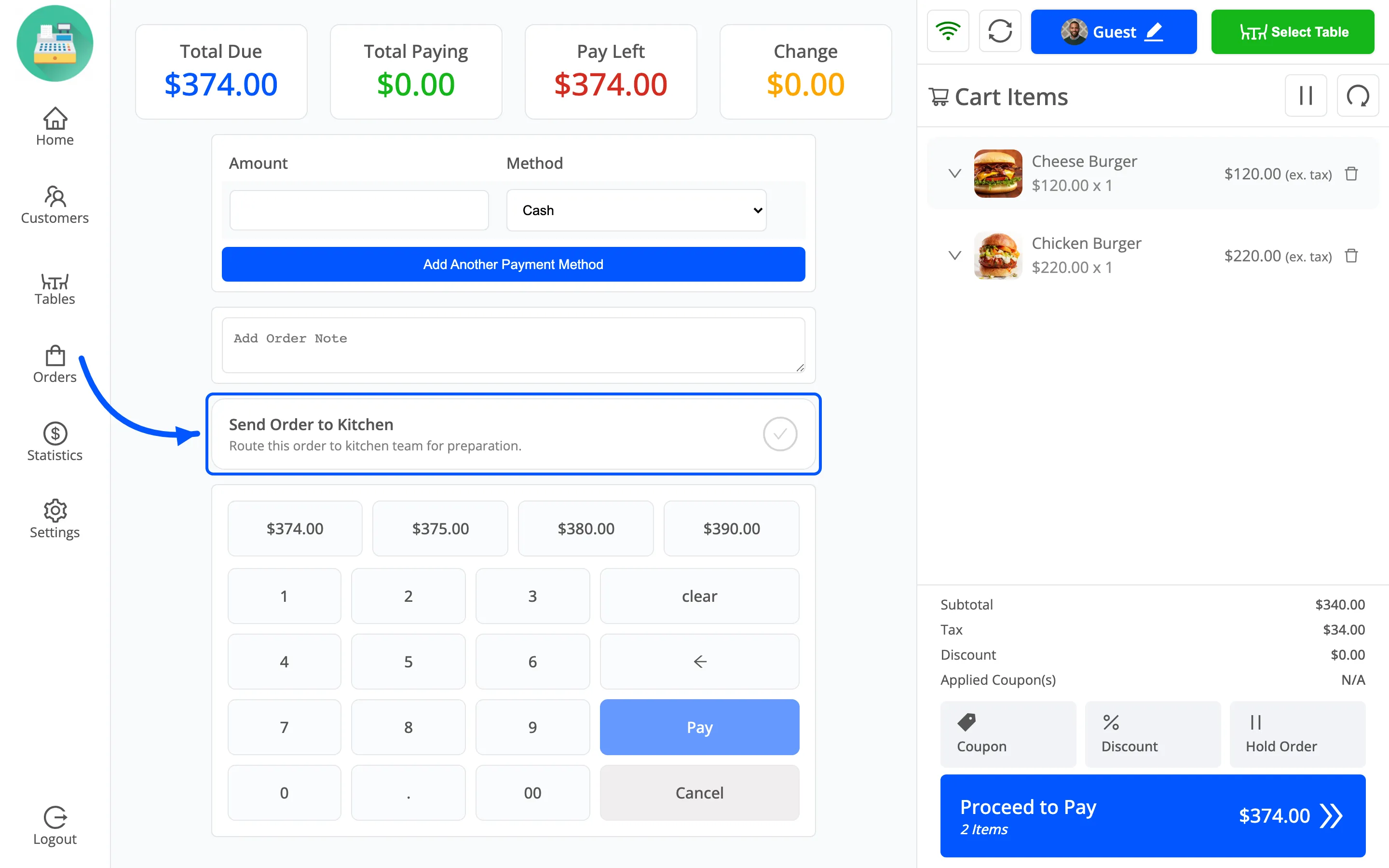 The Send Order to Kitchen card on the POS payment screen