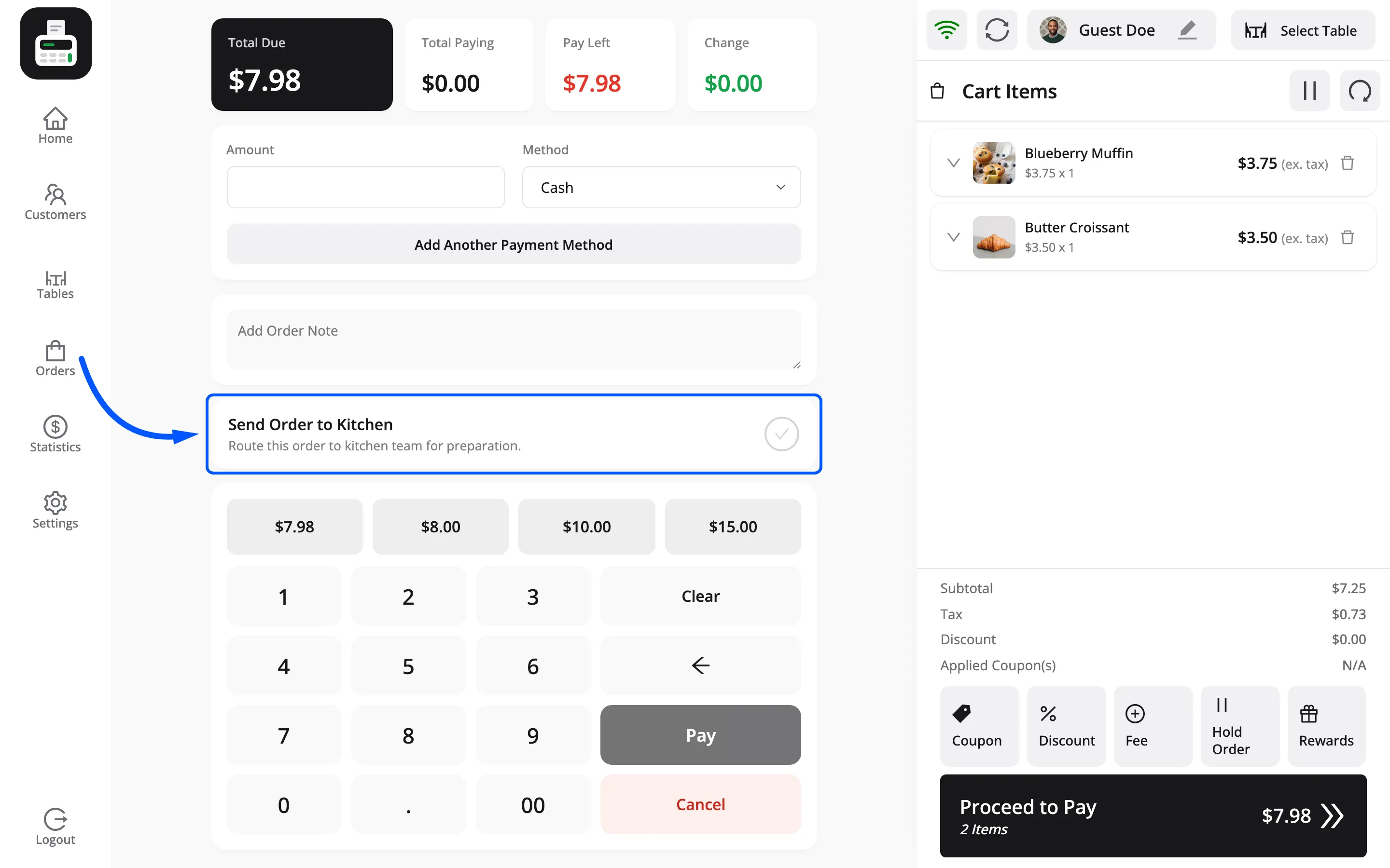 The Send Order to Kitchen card on the POS payment screen